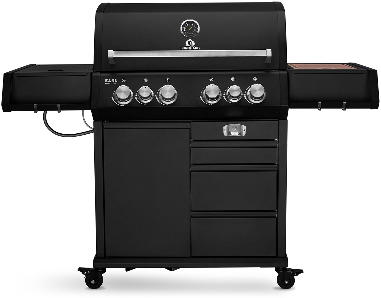 BURNHARD® 4-Brenner Gasgrill Edelstahl inkl. Heckbrenner, mit Gusseisen Grillrost & inkl. stabiler Abdeckhaube, Seitenkochfeld mit Infrarot Keramikbrenner, Schwarz - Big EARL - Schwarz - #946399