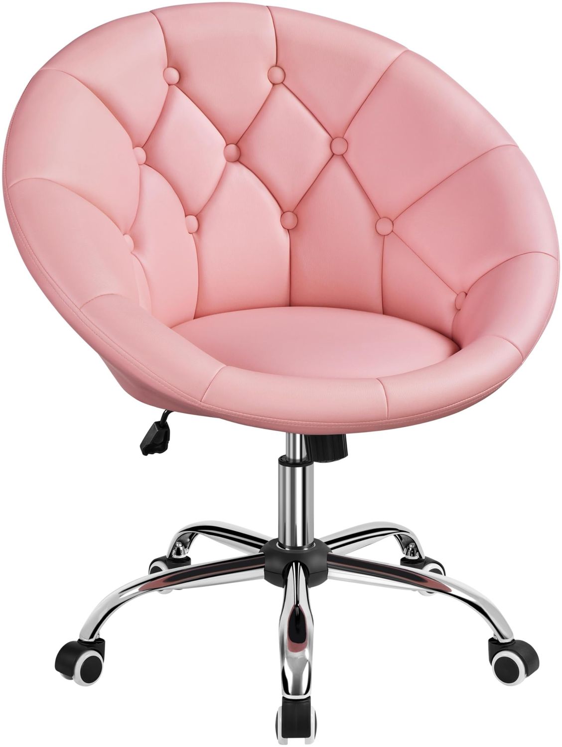 Yaheetech Schreibtischstuhl Schminktisch Stuhl, Homeoffice Stuhl, Bürostuhl, höhenverstellbar Bürosessel mit Getuftetem Sitz, Runder Drehstuhl mit Rollen, Arbeitsstuhl aus Kunstleder, Rosa
