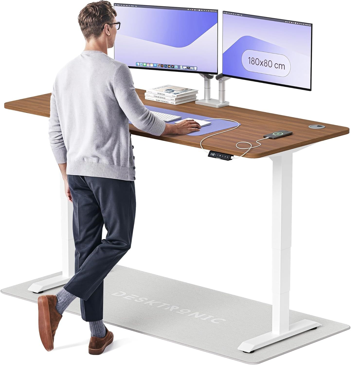 Höhenverstellbarer Schreibtisch - Höhenverstellbar Elektrisch mit Flüsterleisem Dual-Motor & Touchscreen - Hohe Tragfähigkeit - Stehtisch von Desktronic, Weiß + Nussbaum, 180x80 cm