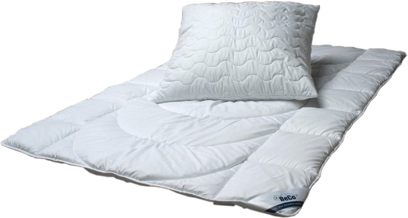 Ganzjahresbettdecke + Kopfkissen, Betten-Set Ganzjahresdecke für Sommer und Winter und Kissen, Beco, Füllung: 100% Microfaser, Kochfest, Ganzjährig einsetzbar, für Menschen mit normalem Wärmebedarf, 135x200 cm