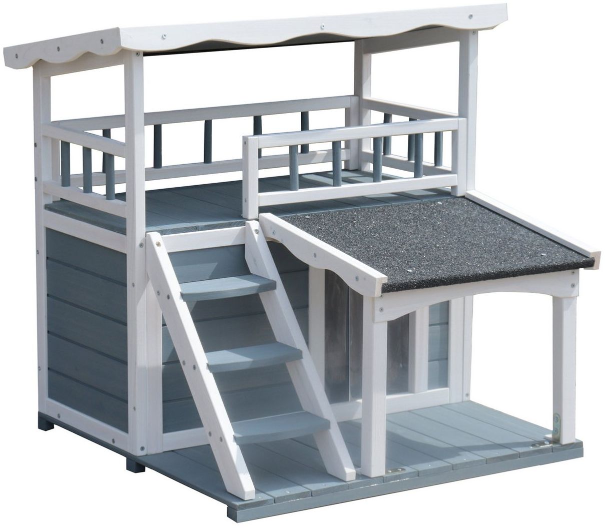 Dehner Tierbett Katzenhaus Maison Katzenhütte Outdoor, ca. 78 x 75 x 73 cm, grau/weiß, Hütte für Katzen aus robustem Tannenholz