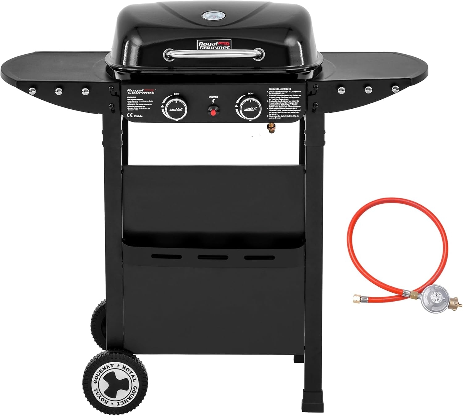 Royal Gourmet 2-Brenner Gasgrill und Griddle Combo, 2 IN 1 Grillwagen mit abklappbare Seitenablagen, Ablagekorb, 5 kW Campinggrill für Garten Schwarz