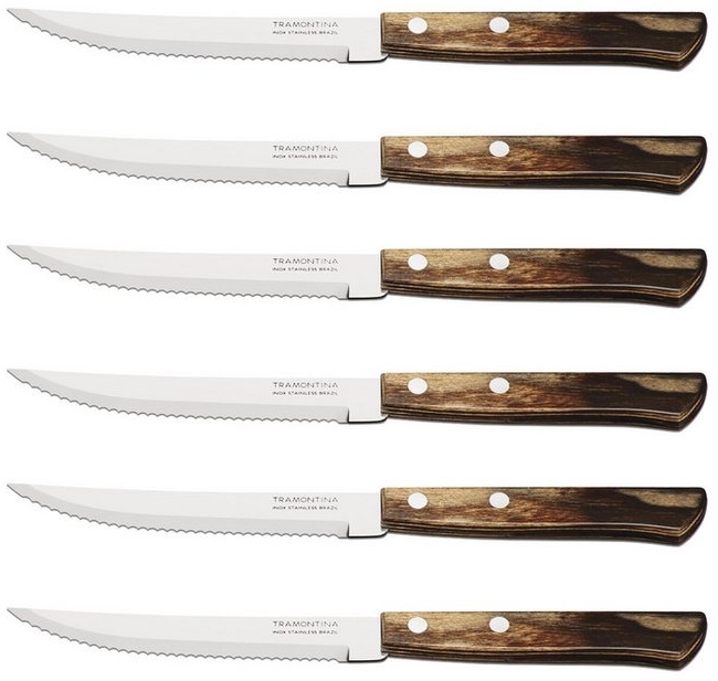 Tramontina Steakmesser Pizzamesser Set, im 6er Set – mit Holzgriff (6 Stück), FSC Holzgriff, rostfreier Edelstahl, Wellenschliff, spülmaschinenfest