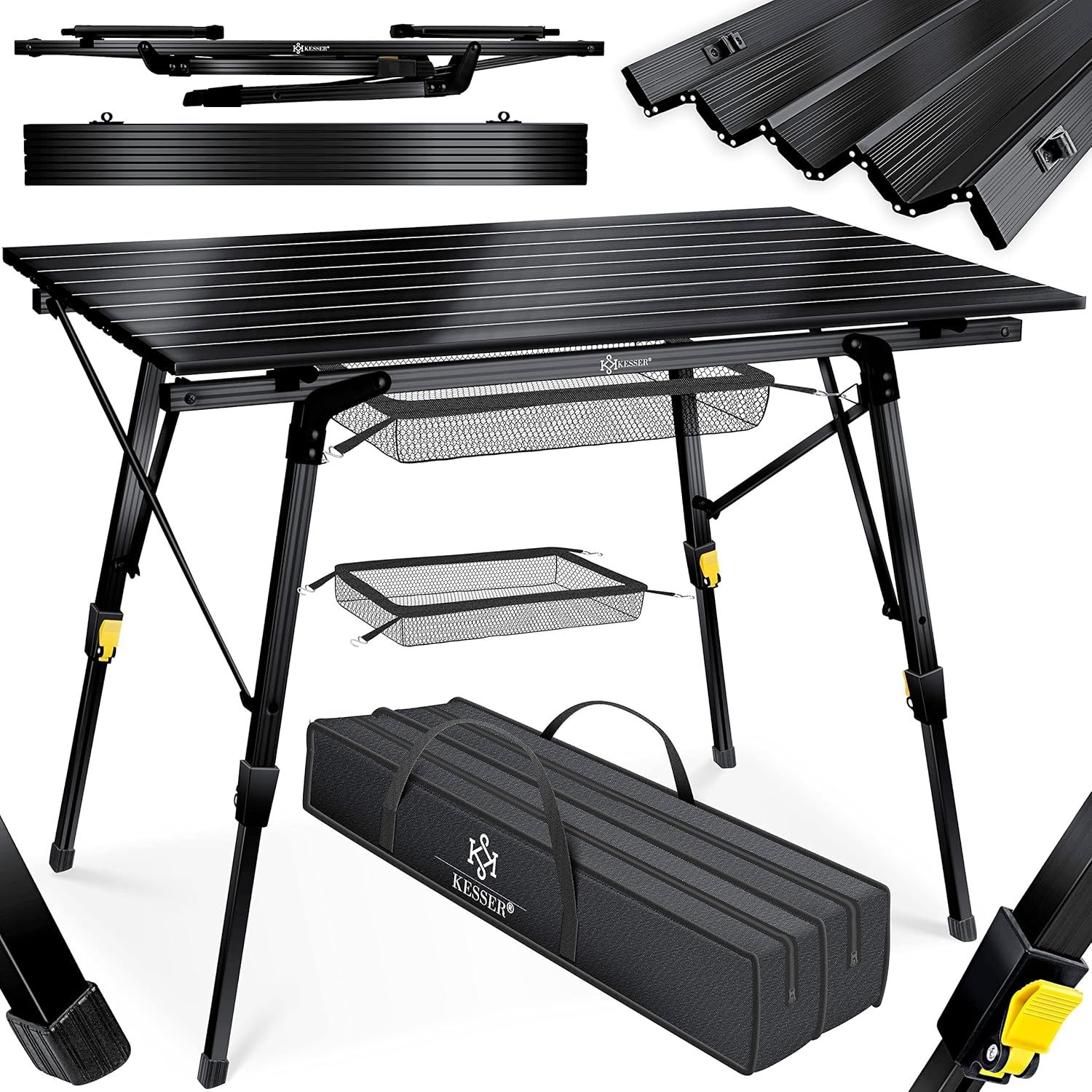 KESSER® Campingtisch faltbar Klapptisch mit Aluminiumrahmen Aufrollbare Tischplatte Falttisch klappbar höhenverstellbar inkl. Tragetasche mit Trageband & Netztasche Schwarz