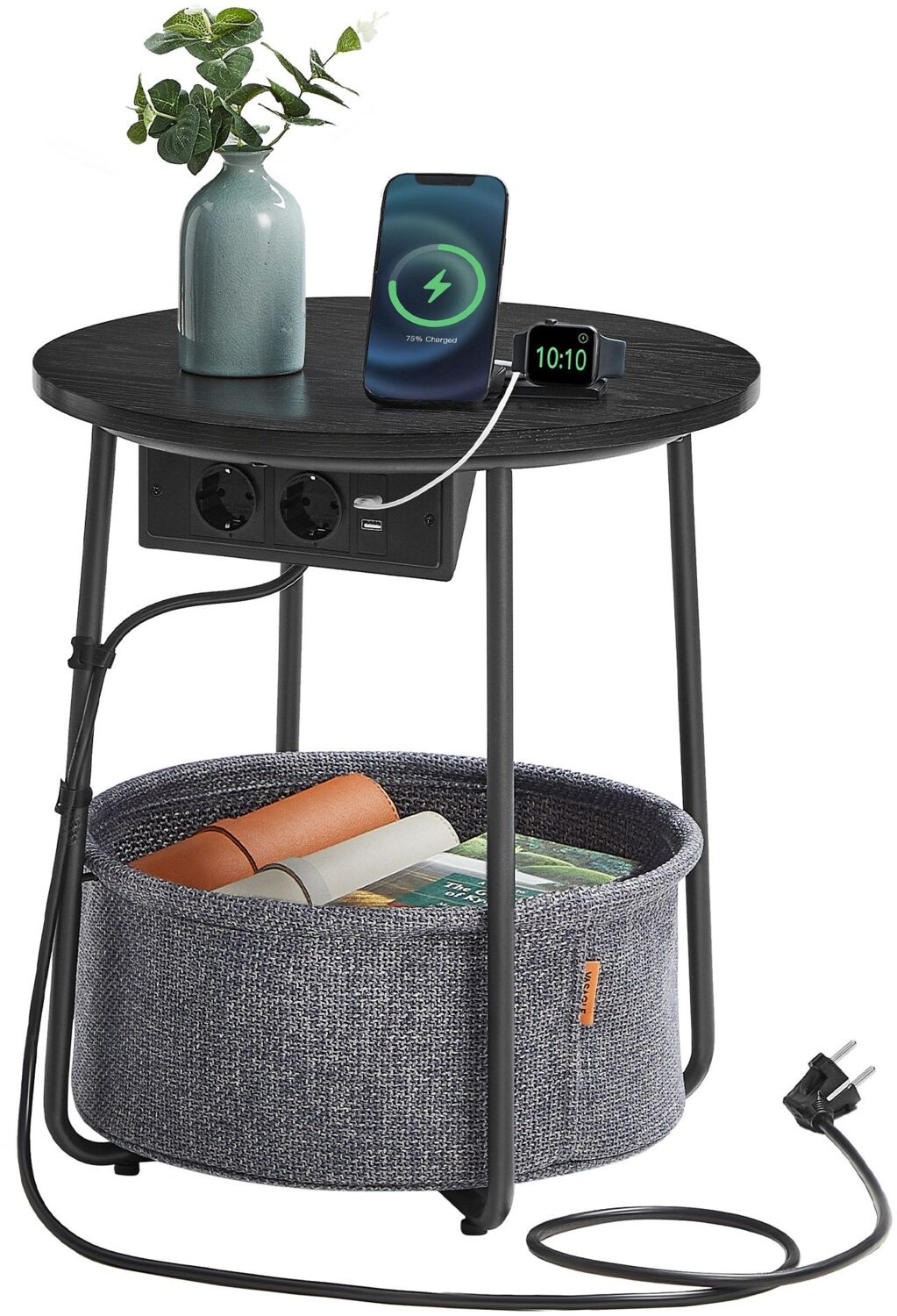 VASAGLE Beistelltisch, mit Korb aus Stoff und Ladestation, Holzspanplatte, Ebenholzschwarz / Schiefergrau, Ø 45x50 cm