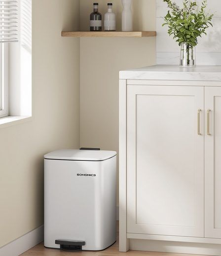Songmics Mülleimer Küche, 20 Liter Abfalleimer, Tretmülleimer, Stahl, mit Inneneimer, Softclose, Offenhaltefunktion, wolkenweiß LTBDE592W02