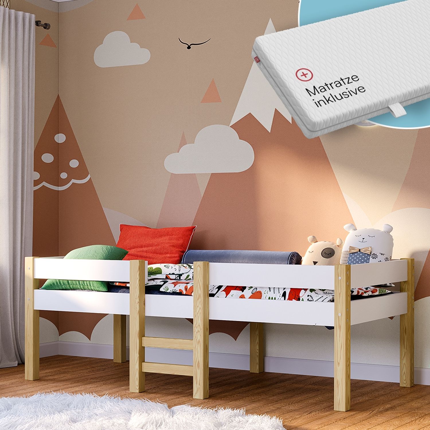 Bellabino 'Aspy' Halbhochbett 90x200 cm mit Matratze, weiß, Kinderbett mit Rausfallschutz und Lattenrost, Hochbett mit Leiter