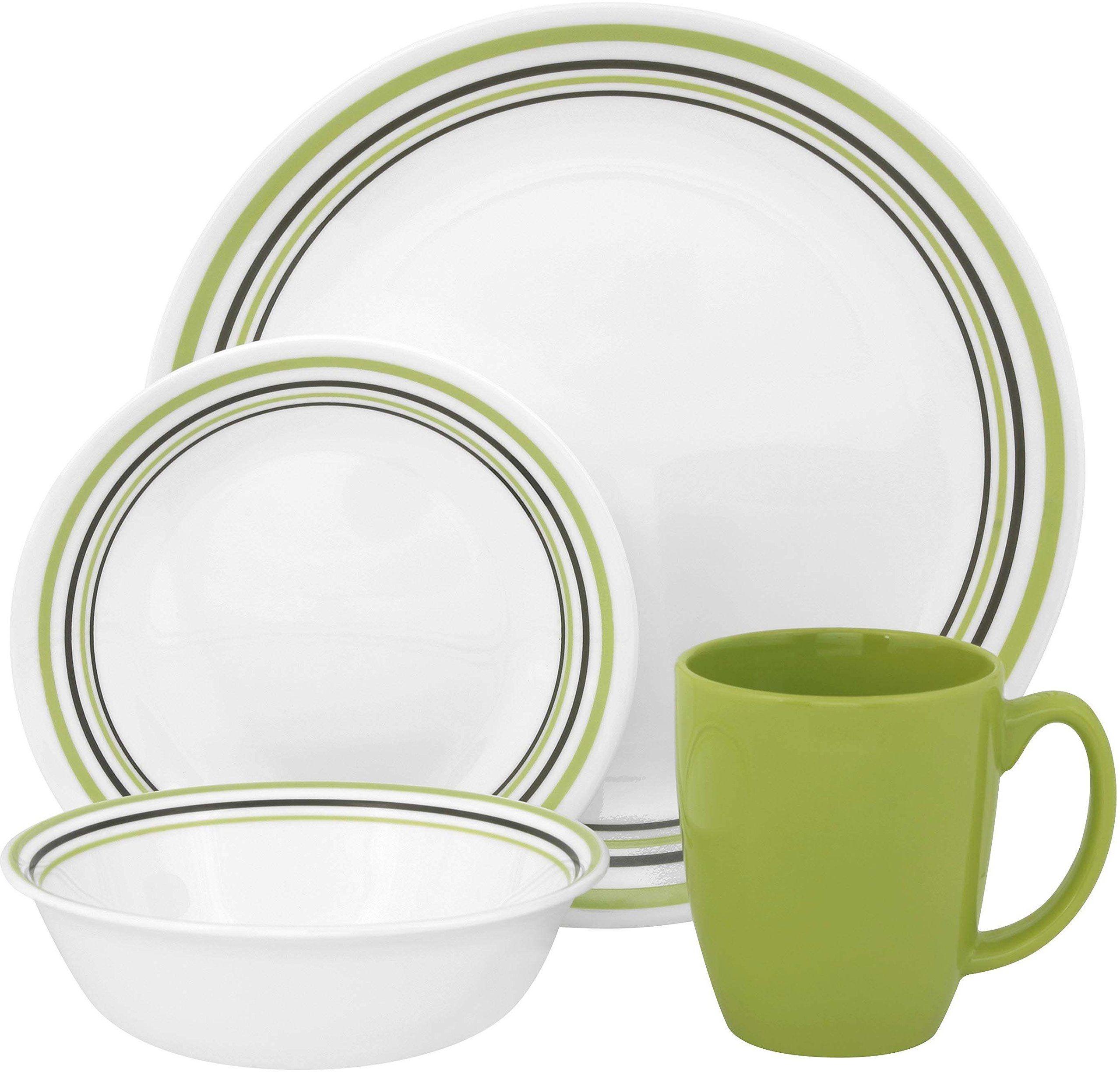 Corelle Geschirr-Set Garden Sketch Bands aus Vitrelle-Glas für 4 Personen 16-teilig, splitter- und bruchfest, grün grau