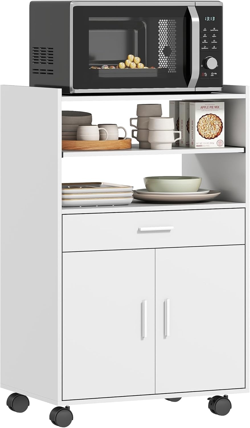 HOMCOM Küchenbuffet Doppeltürschrank (Küchenschrank, 1-St, mit Schubladen, Rollen) für Küche, Esszimmer, Weiß