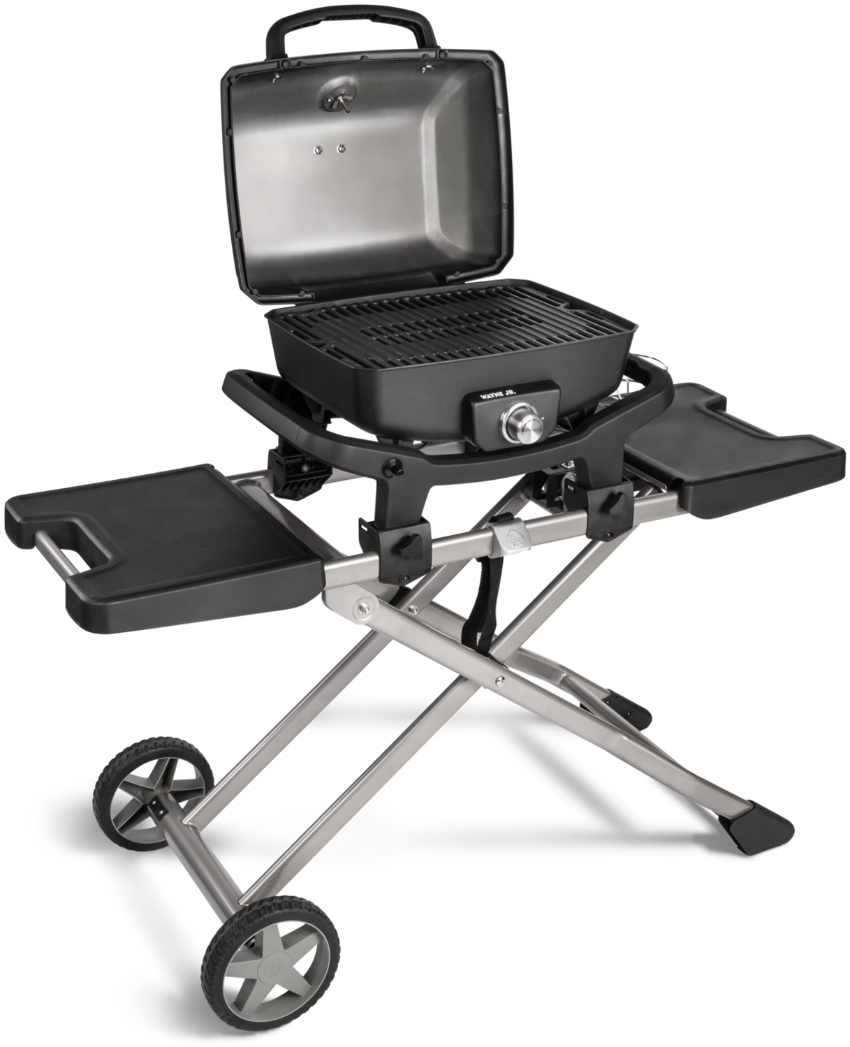 BURNHARD® 1-Brenner Gasgrill WAYNE JR. mit Rollwagen 3,6 kW – Tragbarer Balkongrill - Tischgasgrill klein mit Aludruckguss Brennkammer inkl. Abdeckhaube und Gasflaschenadapter – Gusseisen Grillrost - Schwarz - #946648