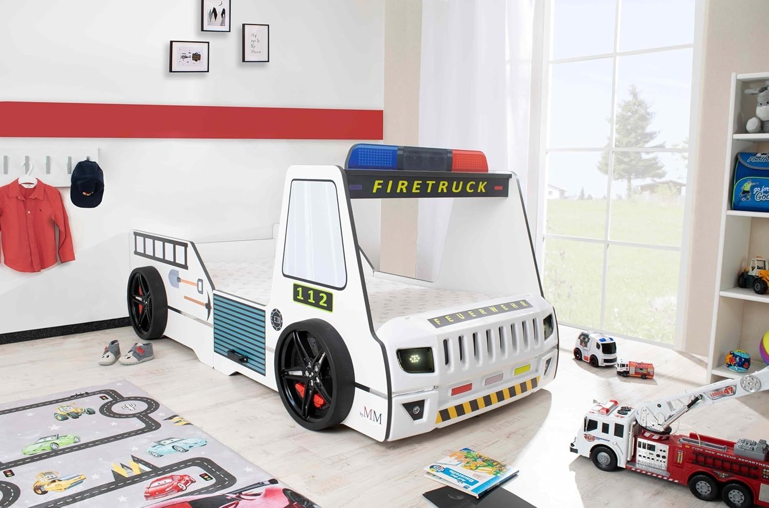 Autobett Kinderbett 90x200 Feuerwehrbett "Rio Firetruck" Hochglanz mit LED Leuchte Weiß