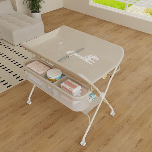 Wickelstation für Baby, Wickeltisch, faltbar, tragbar, Wickeltisch, faltbar, tragbar, mit Aufbewahrungskorb, maximale Belastung von 25 kg,75 x 68 x 83–91 cm (Cremeweiß)
