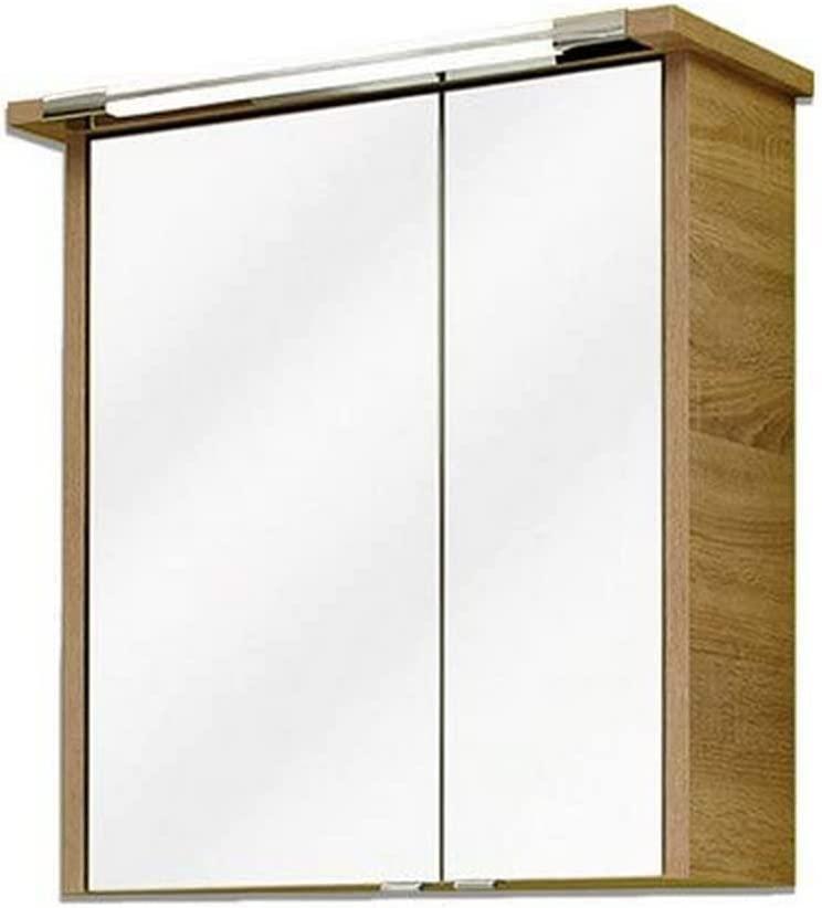 Pelipal 'Quickset 382' Badezimmer-Spiegelschrank mit LED-Beleuchtung, Weiß Hochglanz/Eiche Natur quer Nachbildung, 72 x 65 x 20 cm