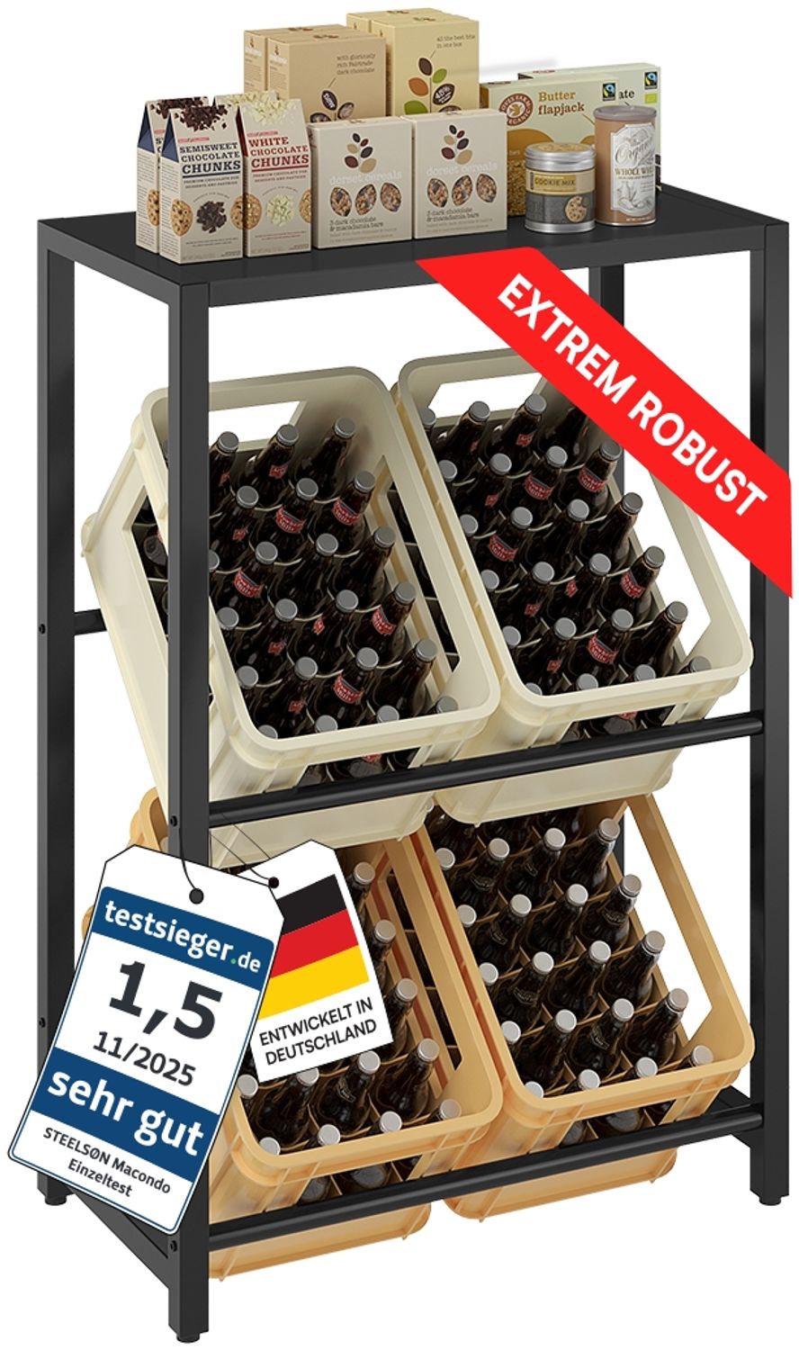 STEELSØN 'Macondo' Getränkekistenregal, Metall, schwarz, 115x75x33 cm, Getränkeregal für 4 Kisten, mit Ablagefach