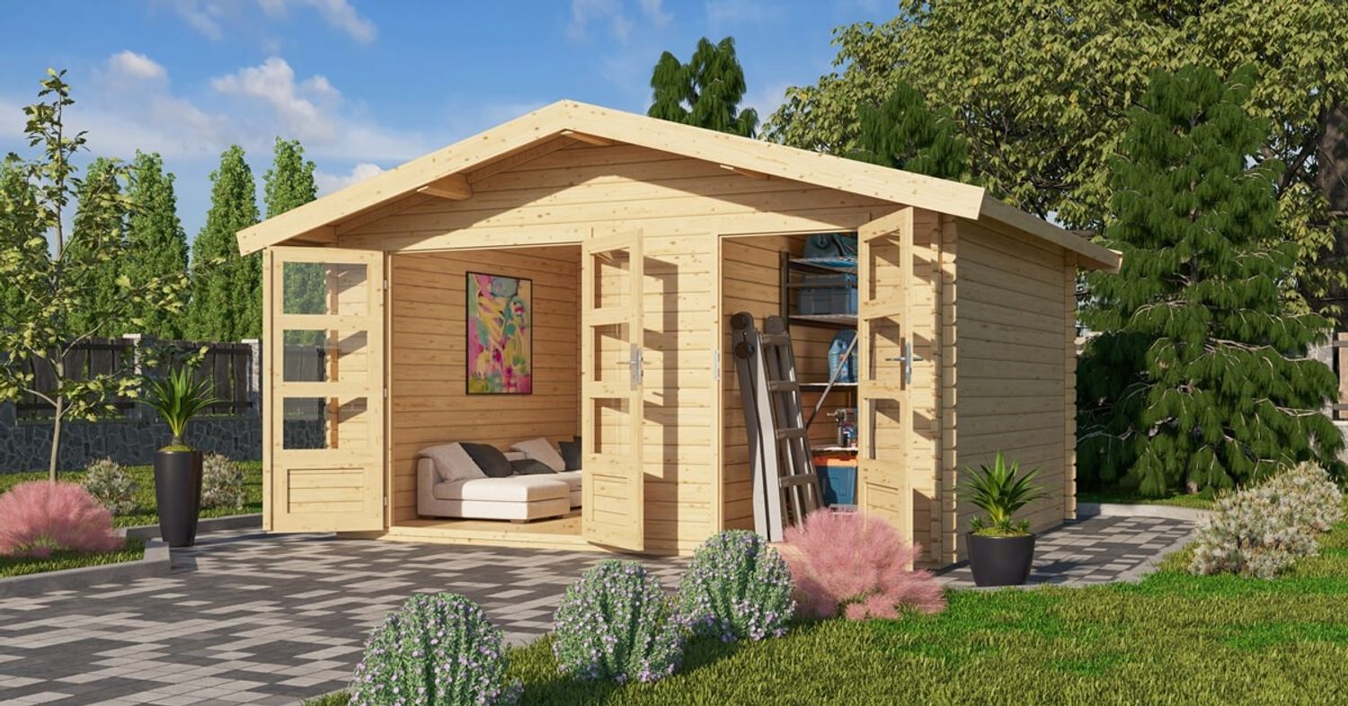 Mittelwandhaus Lagor 1 - 417x327 cm, 38 mm Blockbohlen natur, Karibu