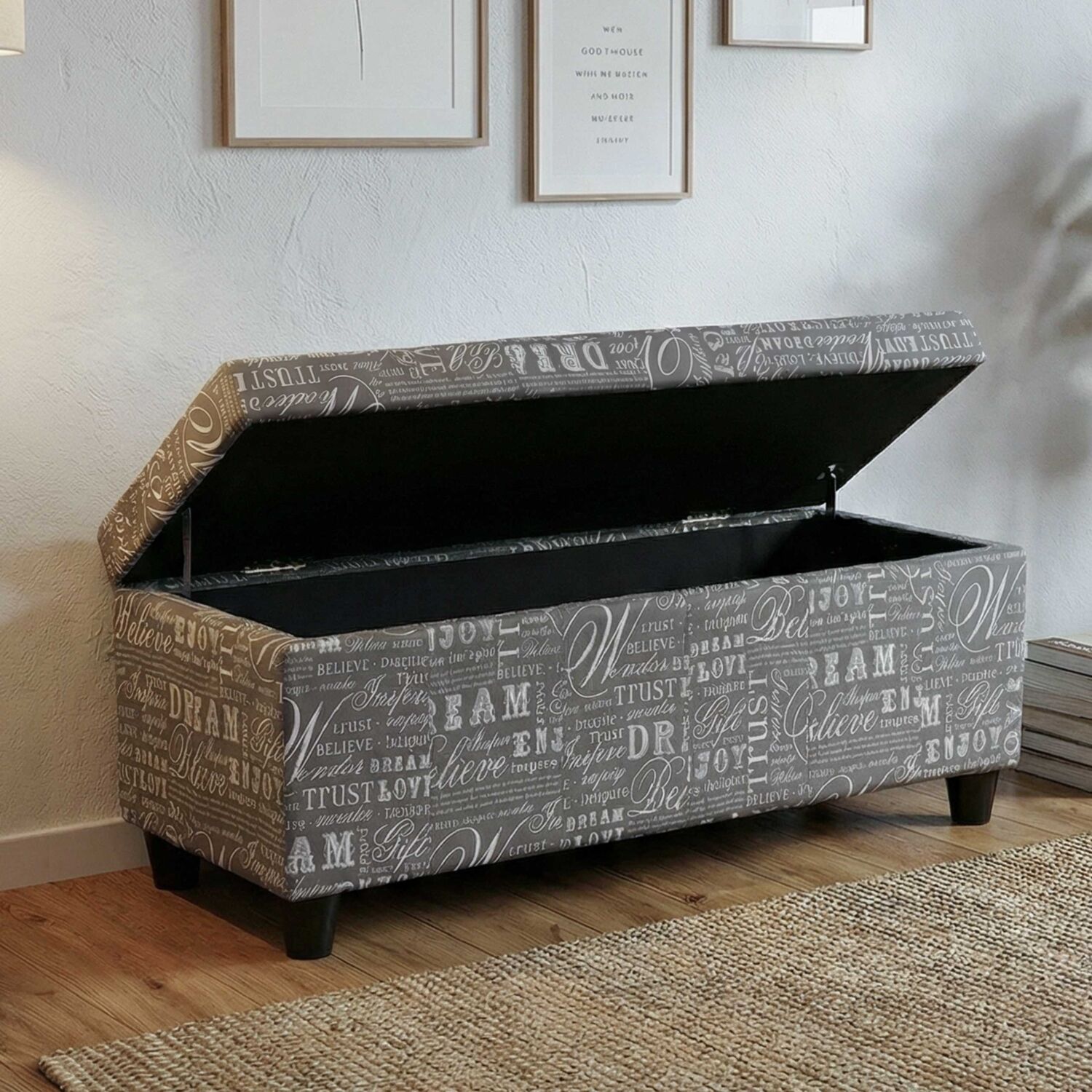 Aufbewahrungs-Truhe Kriens, Sitzbank Bank, Stoff/Textil, 45x114x45cm FSC®-zertifiziert ~ Schriftzug, grau