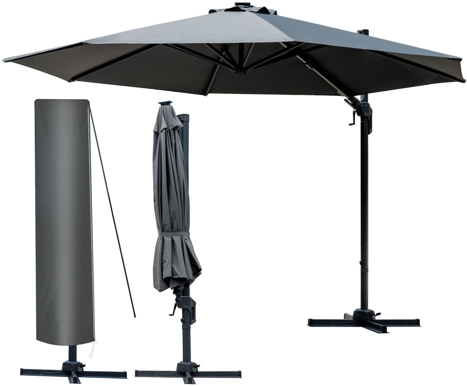 BRAST Alu Sonnenschirm Ampelschirm Ø360cm Grau + Schützhülle UV-Schutz 80+ wasserabweisend mit Kurbelvorrichtung drehbar schwenkbar & höhenverstellbar