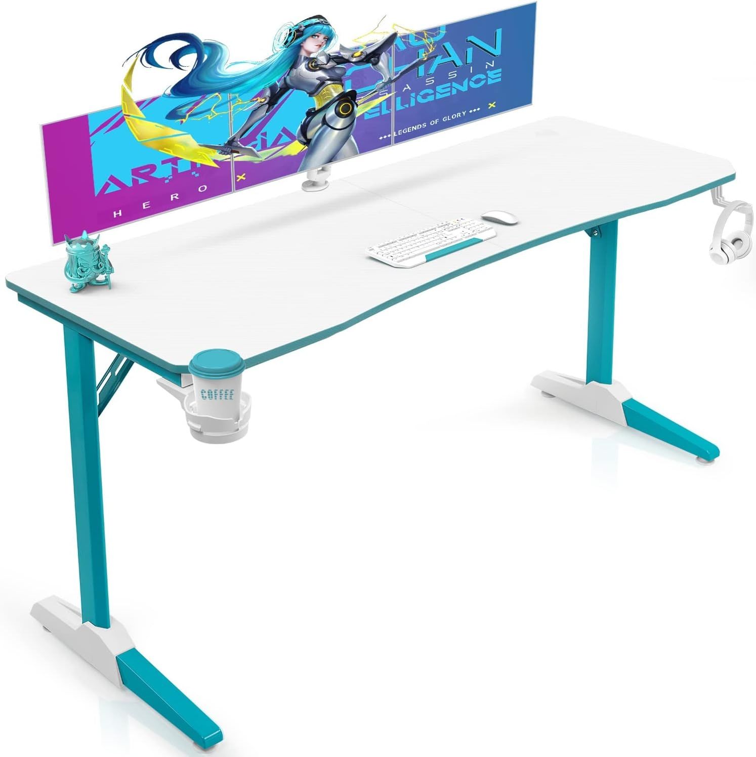 Devoko Gaiming Tisch 160cm Gaming Schreibtisch Weiß Gamer Computertisch Ergonomischer PC Tisch mit Kabelaufbewahrungsbox, Getränkehalter und Kopfhörerhalter T-förmiger (Weiß, 160x60 cm)