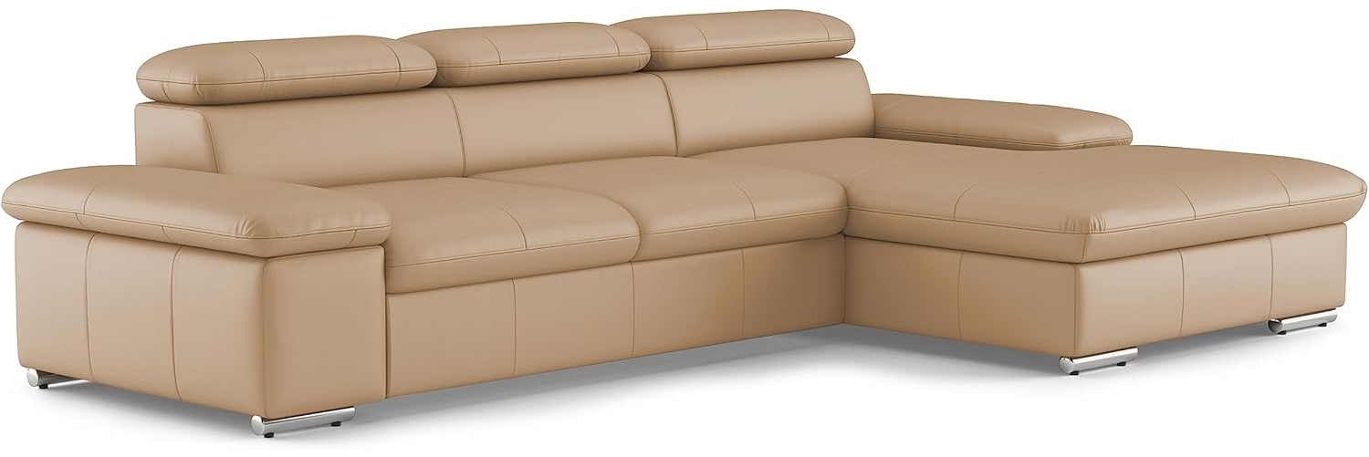 CAVADORE Leder-Schlafsofa Valerie mit XL-Longchair / Eckcouch mit Schlaffunktion, Kopfteilverstellung + großem Longchair / 286 x 73 x 174 / Echtleder Beige
