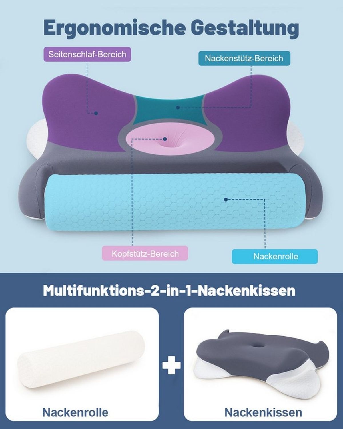 Esun Nackenstützkissen Kopfkissen, 2 in 1 Kissen mit Nackenrolle, Ergonomisches Memory Foam, Füllung: Kissenbezug besteht aus 18% Elasthan und 82% Nylon, Seitenschlafer, Bauchschlafer, Ruckenschlafer, Set, Kissen vom OEKO-TEX® und CertiPUR Getestet, fü...