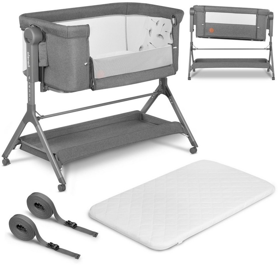 Lionelo Leonie Plus 3 in 1 Kinderbett bis 9kg, Zustellbett und Wiege, Höhenanpassung, Luftige Wände, abnehmbare Seite, Räder mit Bremse, Großer Korb