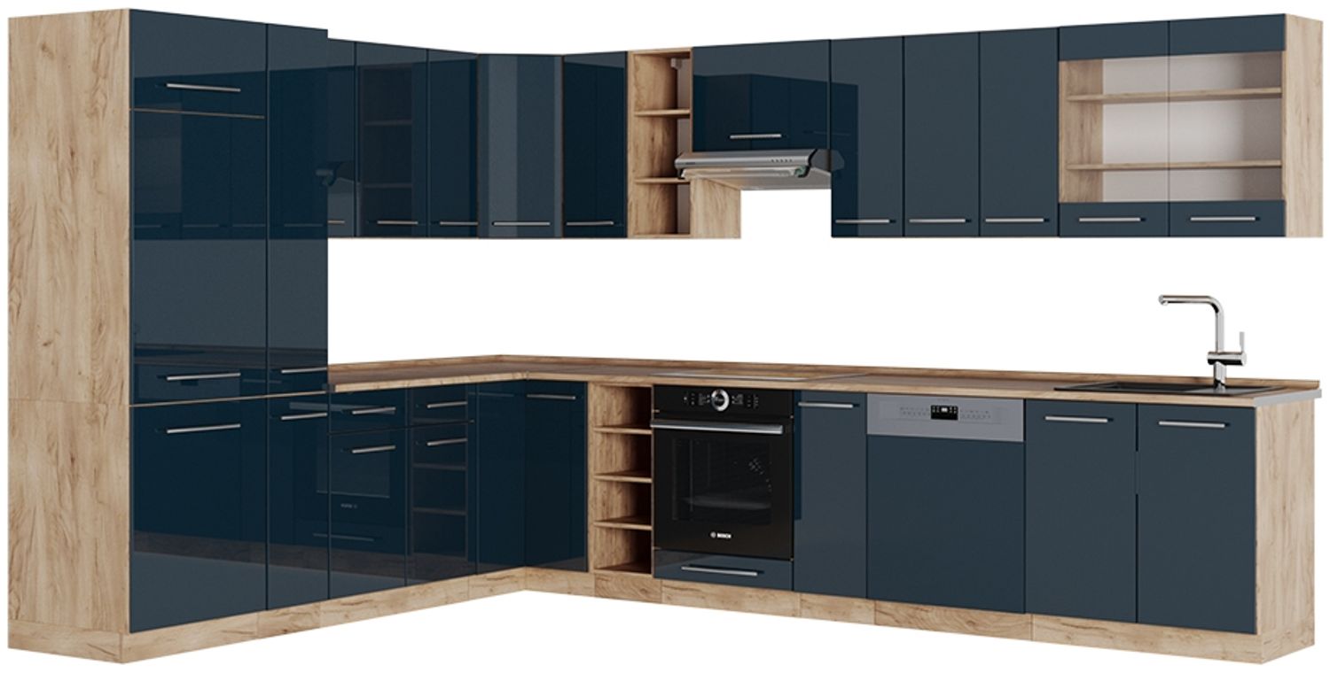 Eckküche Fame-Line Dunkelblau Hochglanz/Goldkraft Eiche 347 x 46 cm ohne Arbeitsplatte Vicco