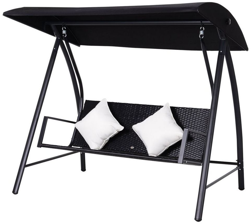 Outsunny Hollywoodschaukel Polyrattan mit Kissen belastbar bis 360kg, 3-Sitzer, Bettfunktion, Rattenschaukel, 1 tlg, Schaukel, Metall Schwarz 198B x 124T x 179H cm