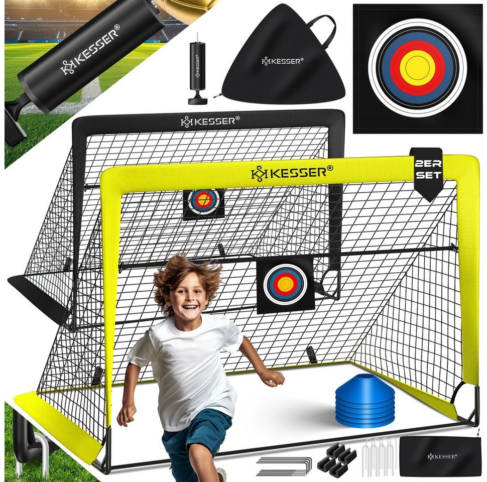 KESSER Pop-Up Fußballtor, 2er Set, mit Transporttasche, 6x Hütchen, Ballpumpe & Zielscheibe, Glasfaserstangen, 120x90 cm, Gelb / Schwarz