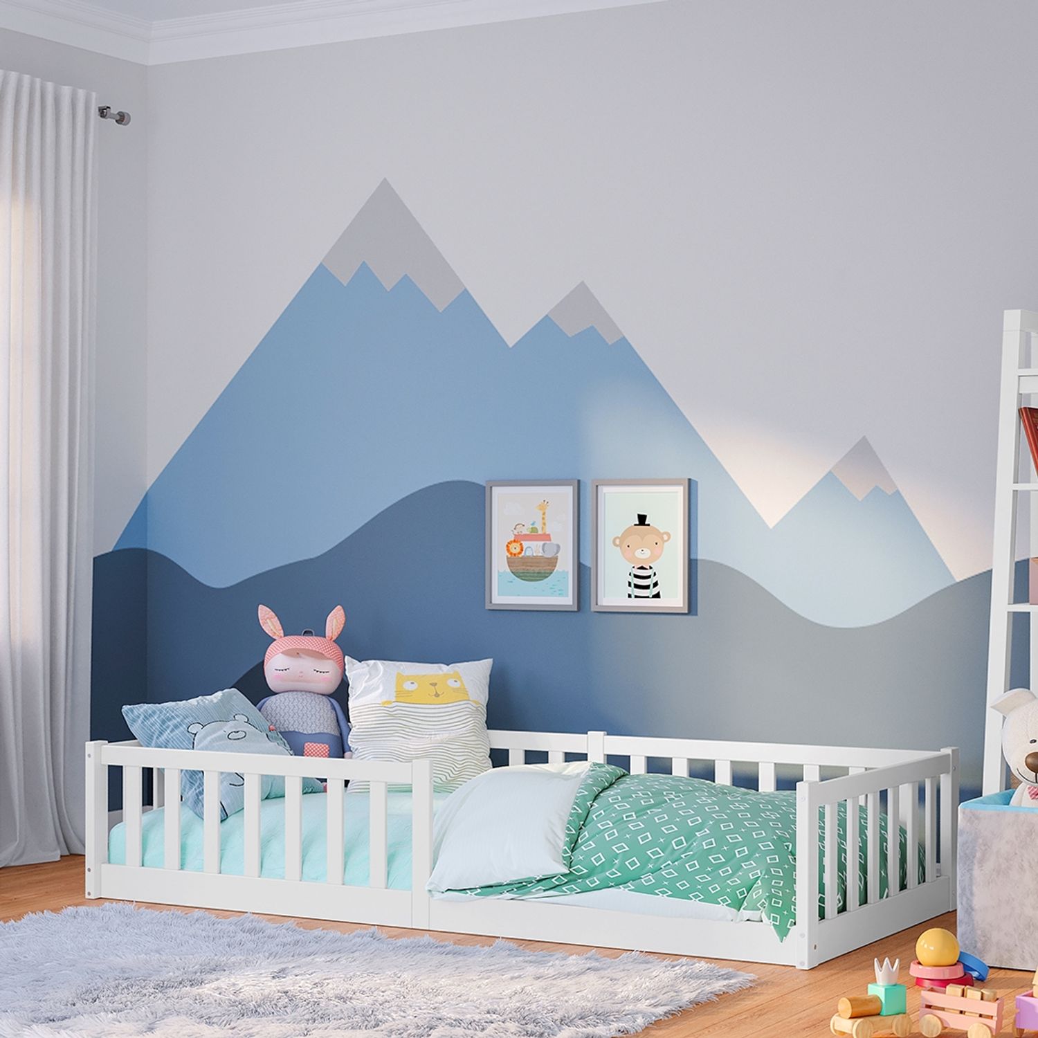 Bellabino 'Vere' Bodenbett 90x200 cm, weiß, Massivholz Kiefer, Montessori Kinderbett mit Rausfallschutz und Lattenrost