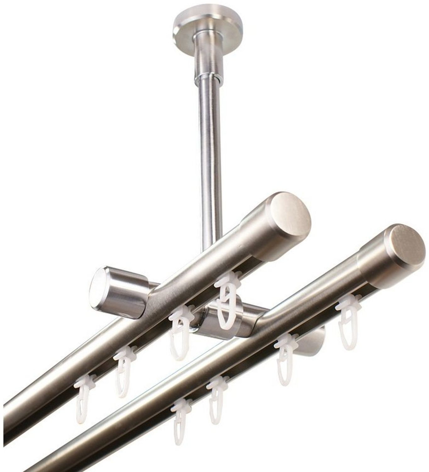 iso-design Gardinenstange Innenlauf 2-läufig Deckenmontage Farbe Edelstahl Endstück Kappe, Ø 20 mm, 2-läufig, Fixmaß, mit Bohren, Metall, Deckenabstand durch Kürzung einstellbar zwischen 7 cm und 19 cm