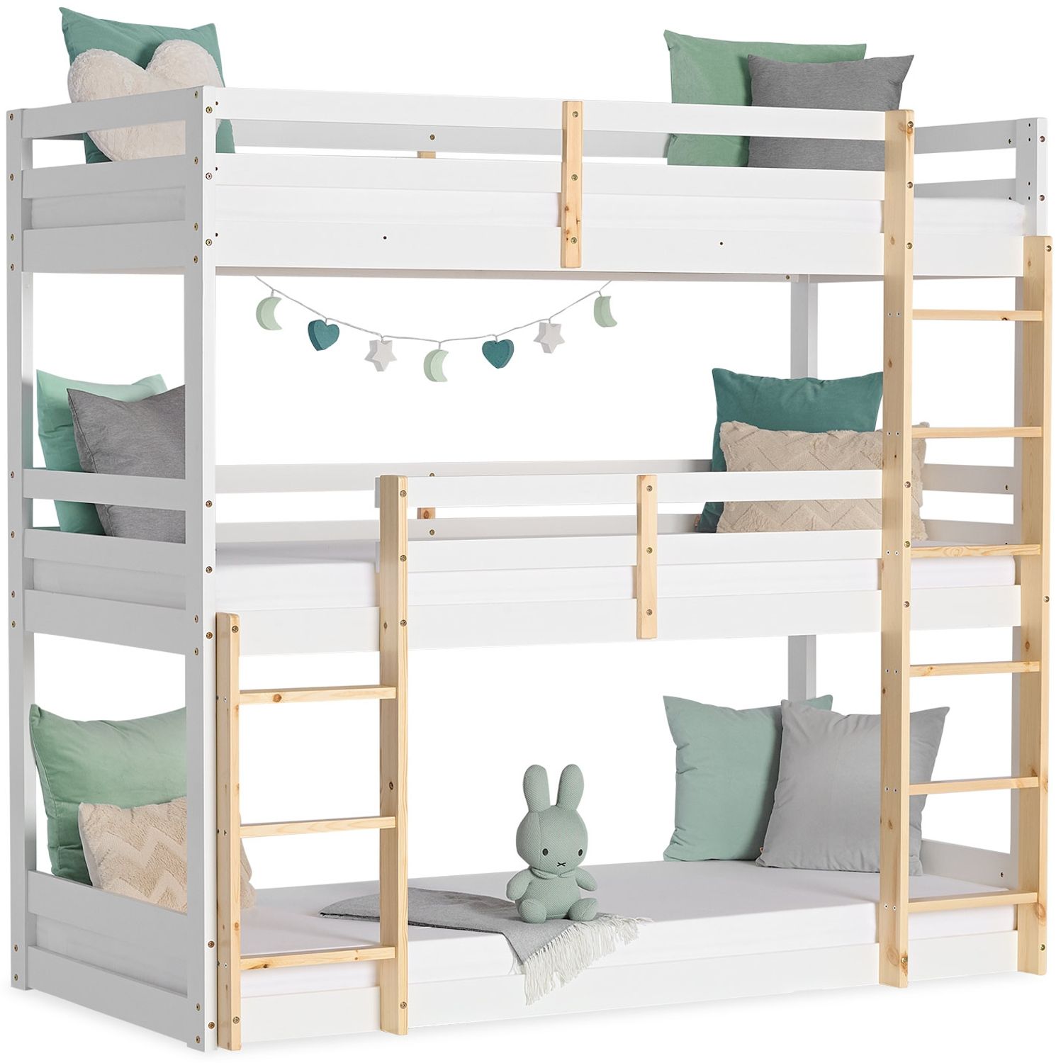 Kinderbett Etagenbett 90x200 cm Dreifachbett Hochbett Weiß Holz Natur Stockbett Spielbett