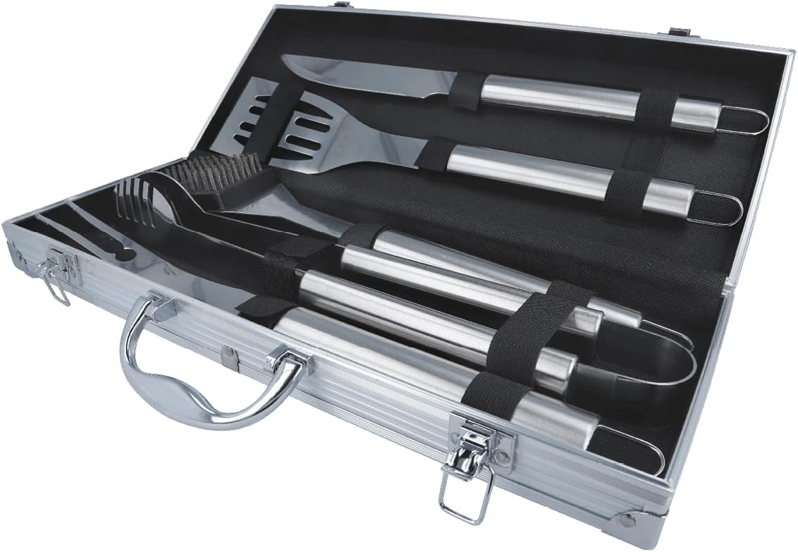 EUROHOME Grillbesteck-Set Grillset aus 5 Teilen Grill Zubehör, (5 tlg, Besteck Koffermaße 44 x 17 x 7 cm), Set aus Zange, Wender, Gabel, Messer und Reinigungsbürste.