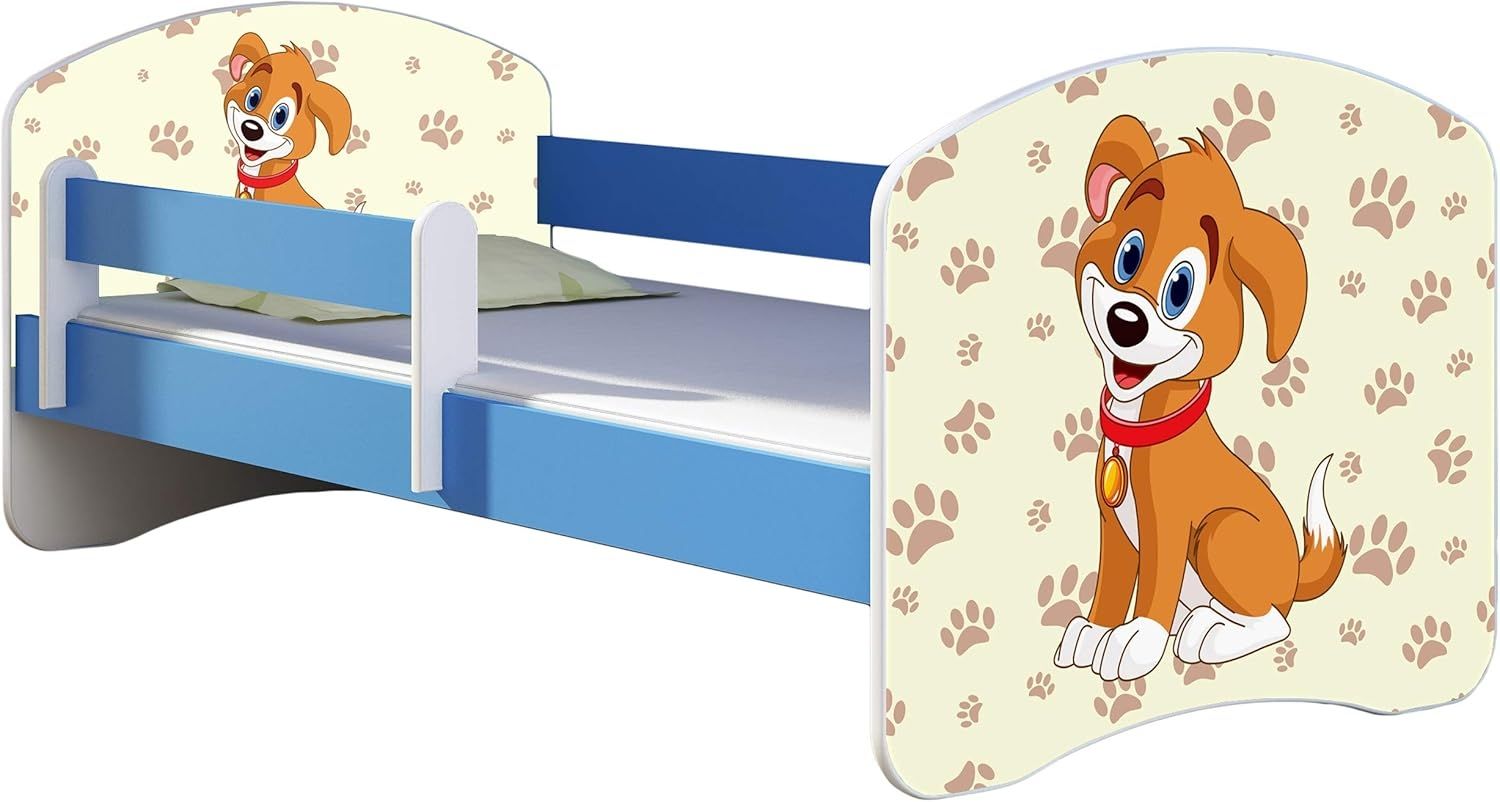 ACMA Kinderbett Jugendbett mit Einer Schublade und Matratze Blau mit Rausfallschutz Lattenrost II 140x70 160x80 180x80 (11 Welpe, 160x80)