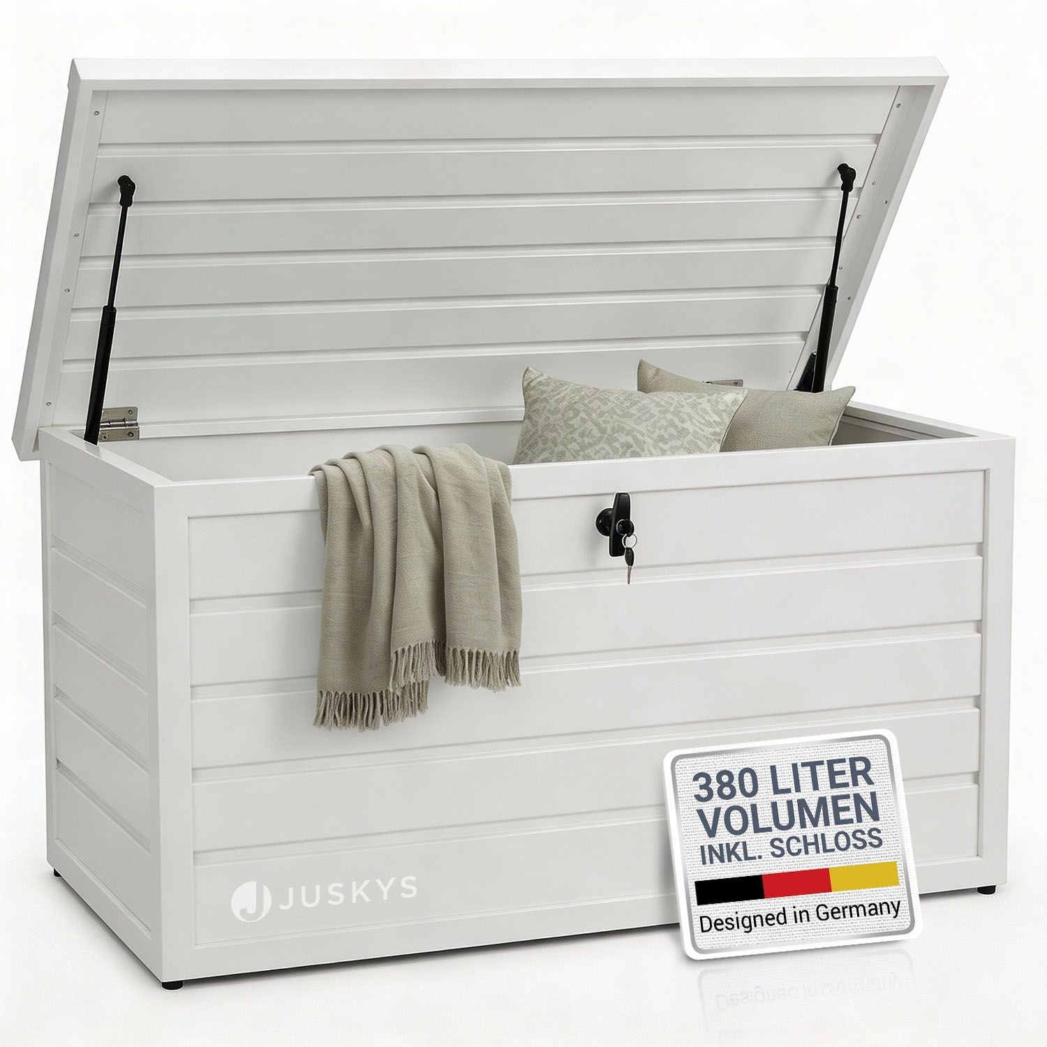 Juskys Metall Aufbewahrungsbox Limani 380 Liter - Outdoor Box - wasserdicht, abschließbar - Gartenbox, Auflagenbox, Kissenbox für Garten Weiß