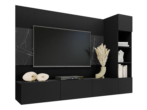 Mirjan24 Wohnwand, Schwarz, Holzwerkstoff in Marmor Optik, 220x150x38 cm, modernes Anbauelement für Wohnzimmer