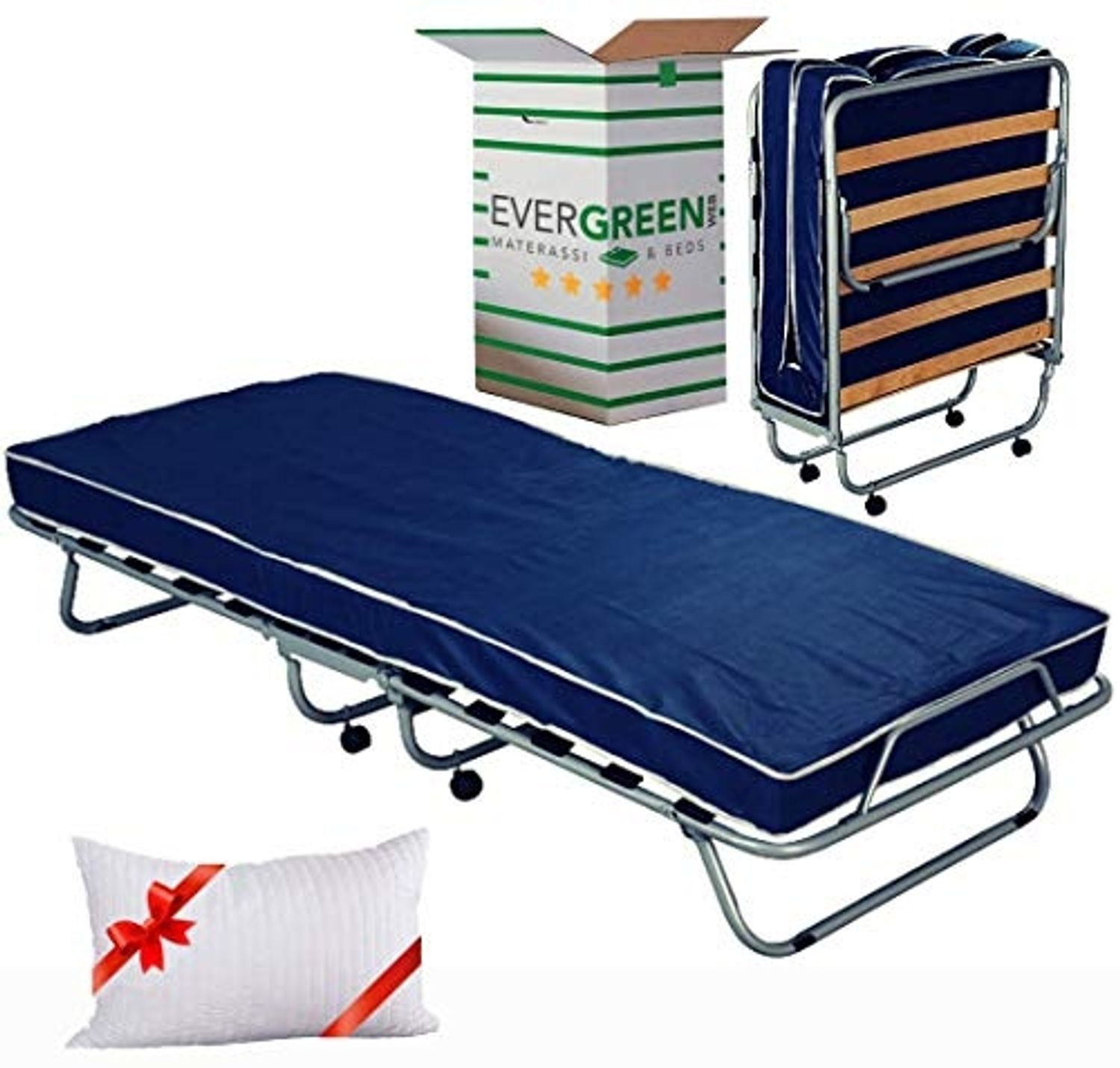EVERGREENWEB Gästebett Klappbar mit Kaltschaummatratze 80x190 Höhe 10 cm + Visco Kissen GRATIS, Lattenrost aus Holz, Stabiler Metall-Rahmen mit Rollen und Bequeme Matratze, Platzsparend Klappbett