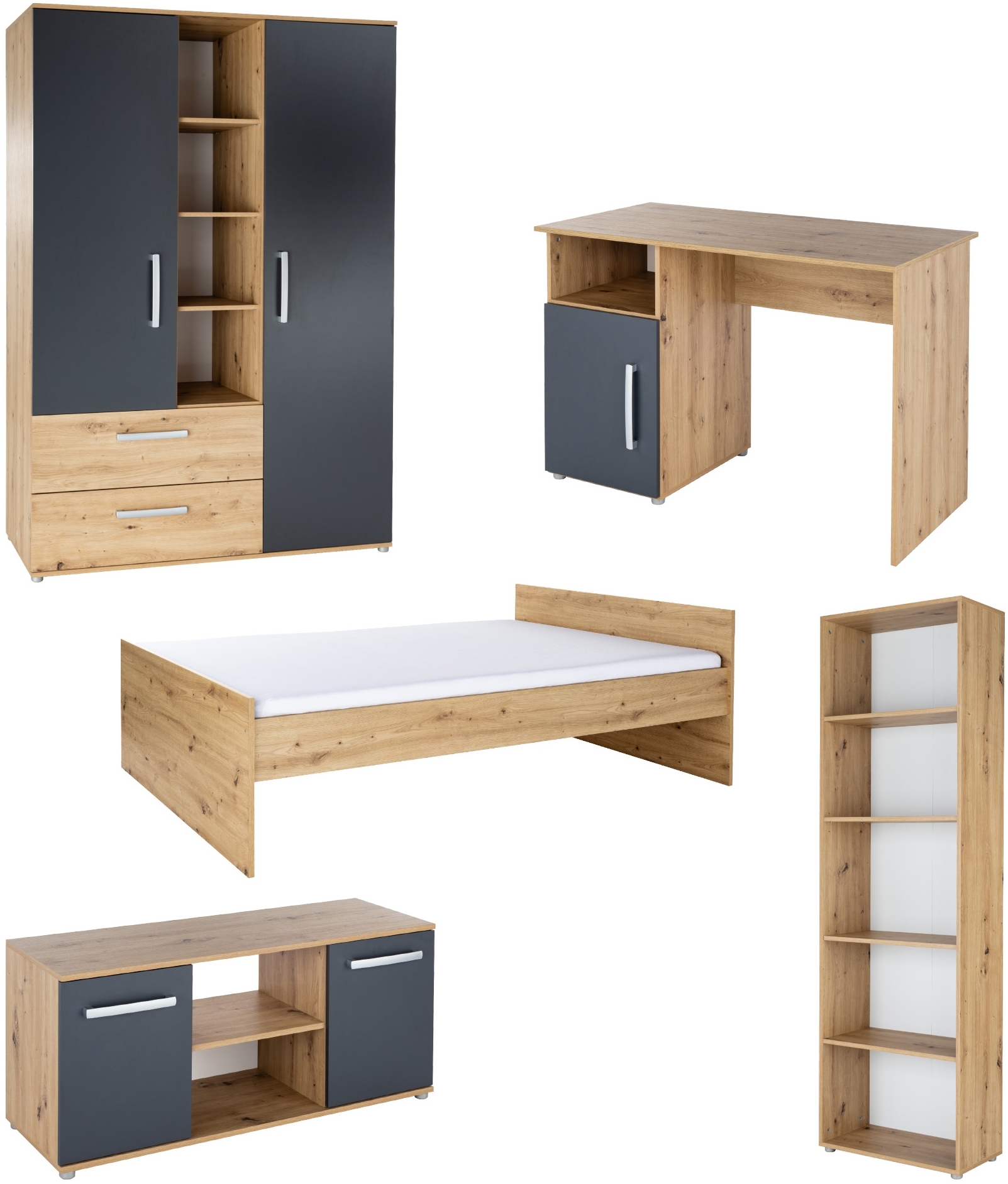 Arthur Berndt Jugendzimmer-Set »Alessio« 5-teilig, Liegefläche 120x200 cm, Anthrazit, Artisan Oak