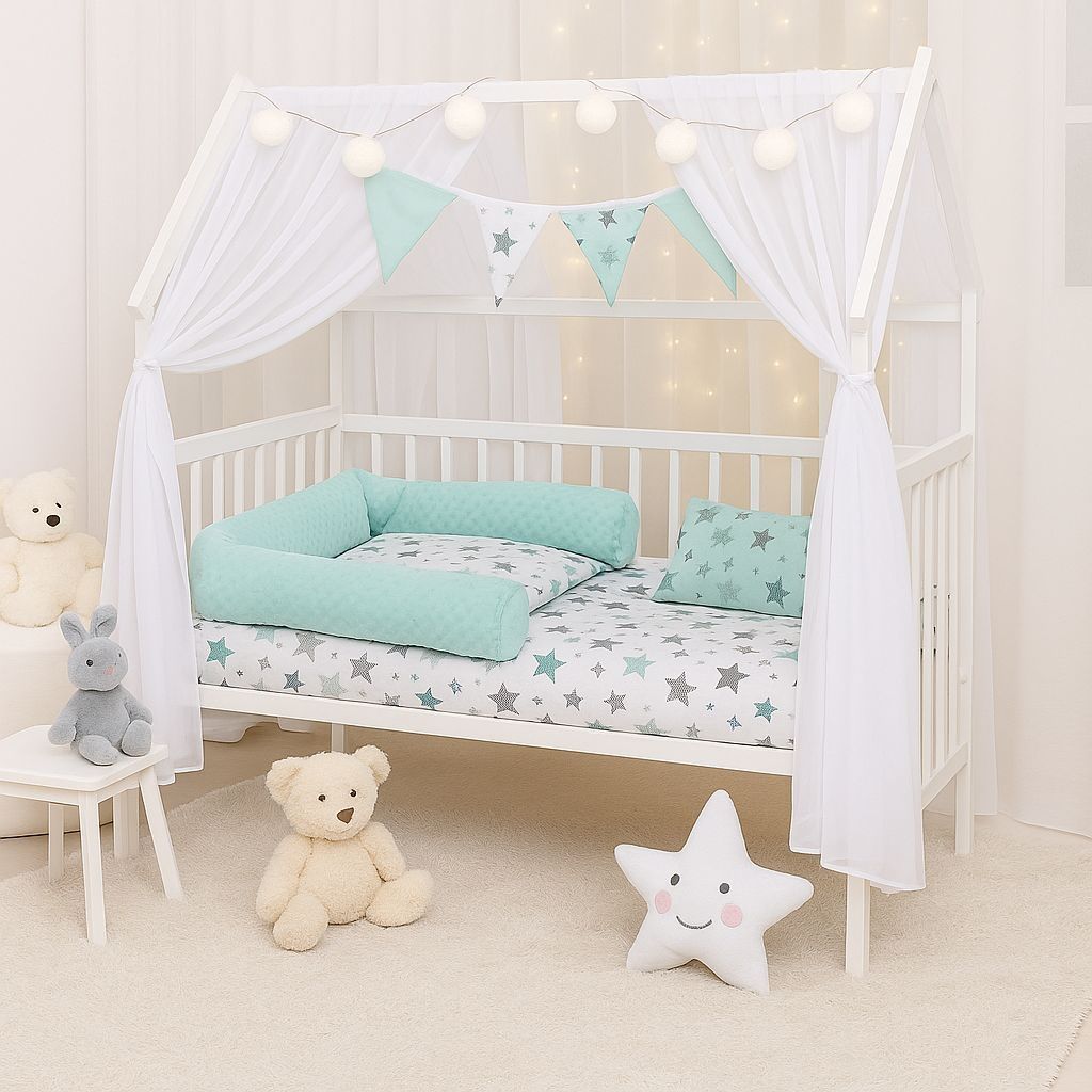 Hausbett Kinderbett 120x60 Grün Sterne – Komplettset mit Himmel