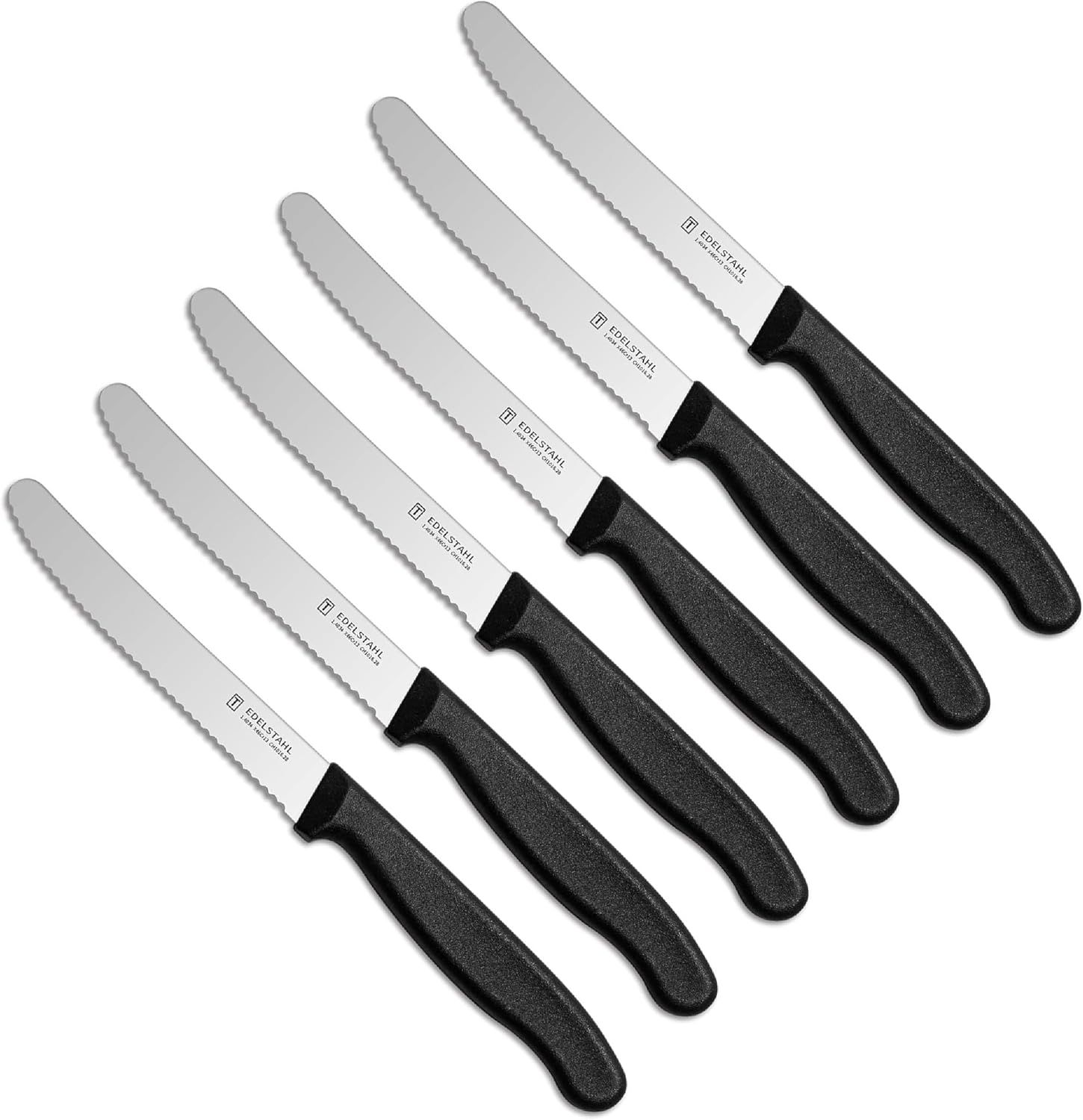 NEUSTANLO | Tafelmesser aus rostfreiem Stahl | 6 Stück | Schwarz | extra scharfer Wellenschliff | ideales Brötchenmesser, Tomatenmesser für den Frühstückstisch