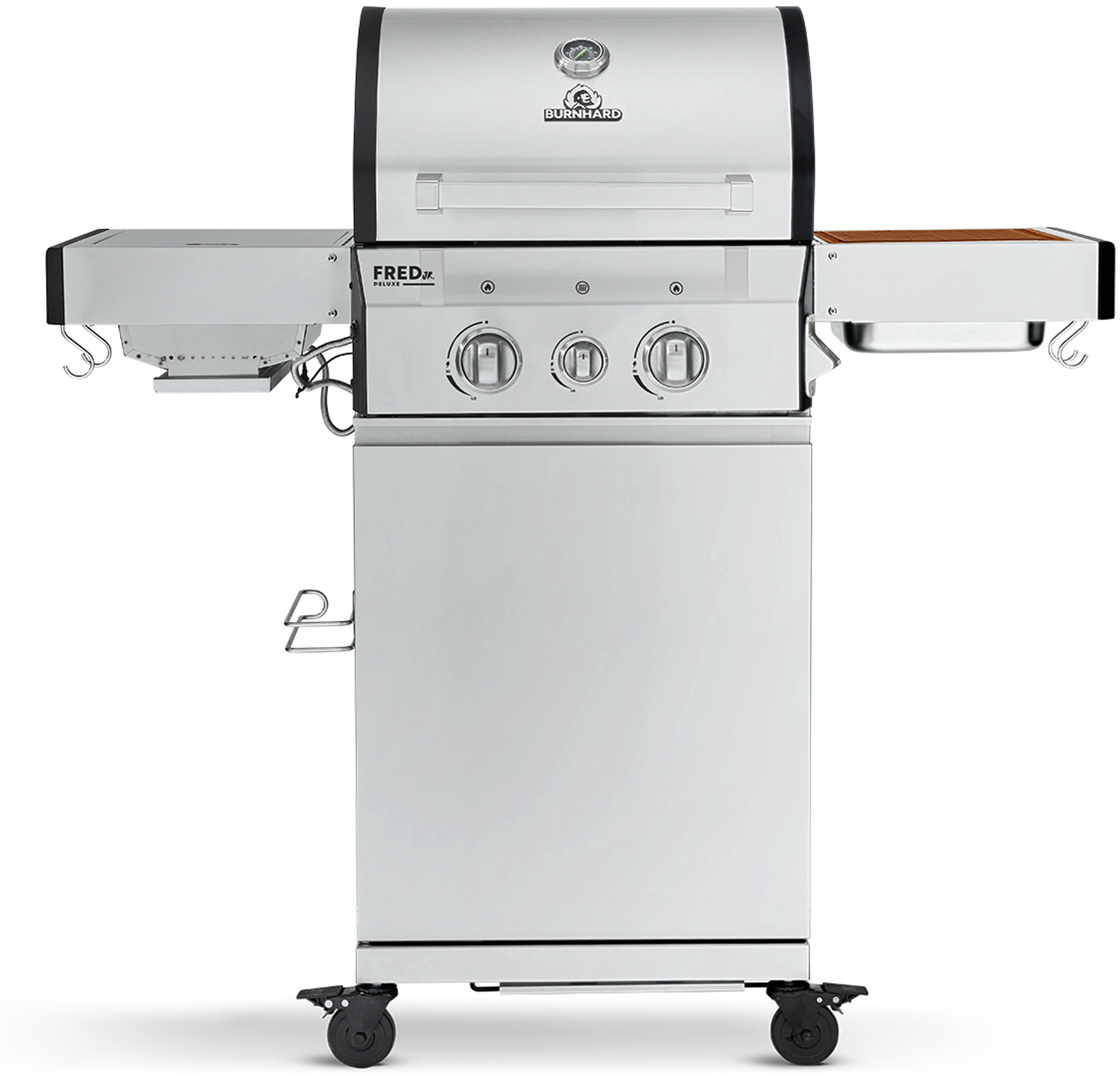 BURNHARD® Gasgrill 2-Brenner 900°C Infrarot-Keramikbrenner, Edelstahl-Grillrost, Grillabdeckung, Edelstahl-Grillwagen, klappbare Seitentische – FRED Jr. Deluxe - Silber - #945965