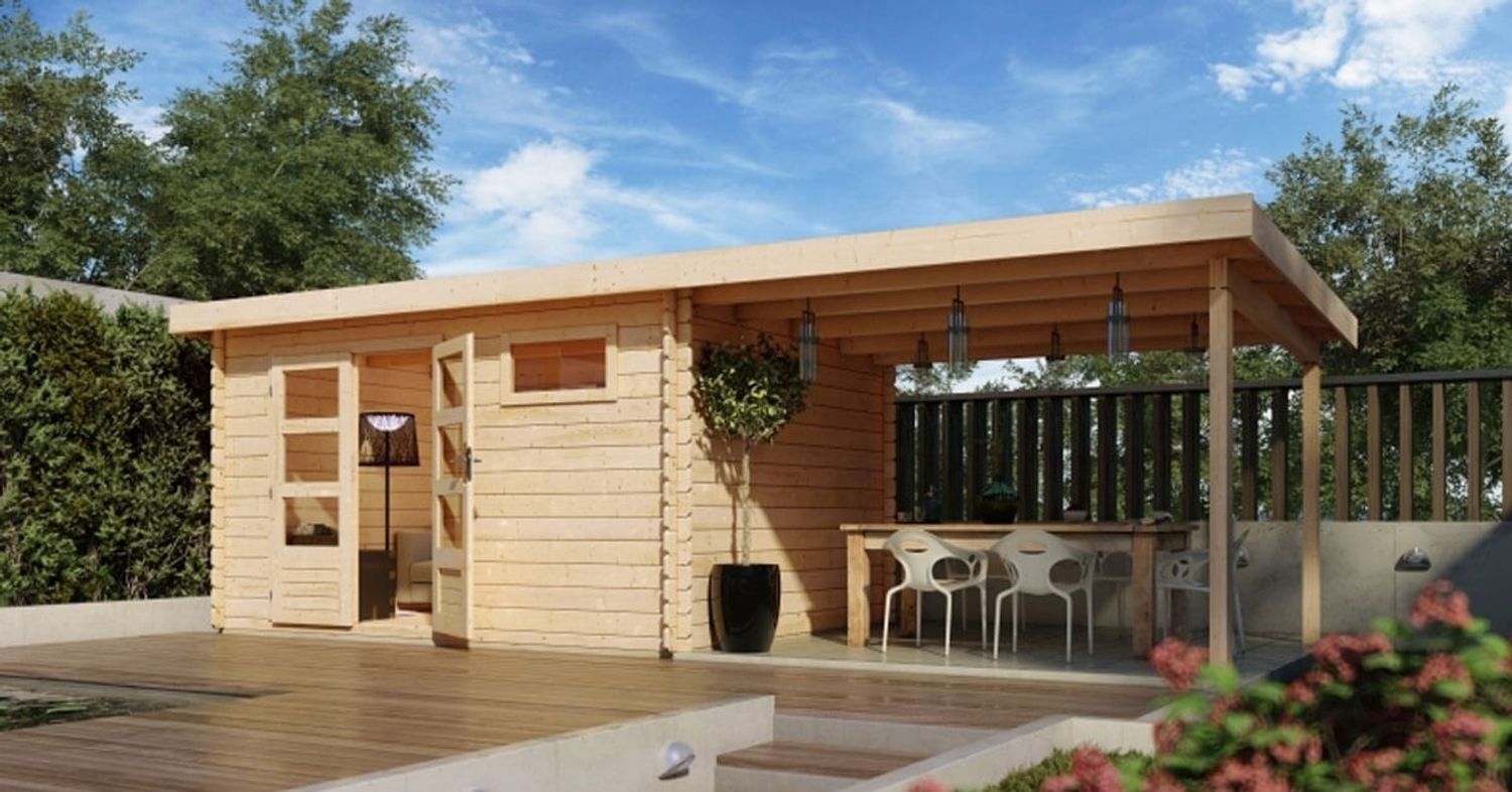 Gartenhaus Bastrup 8 - 670x297 cm mit Anbaudach 3,00 m, 28 mm Holz naturbelassen, Karibu