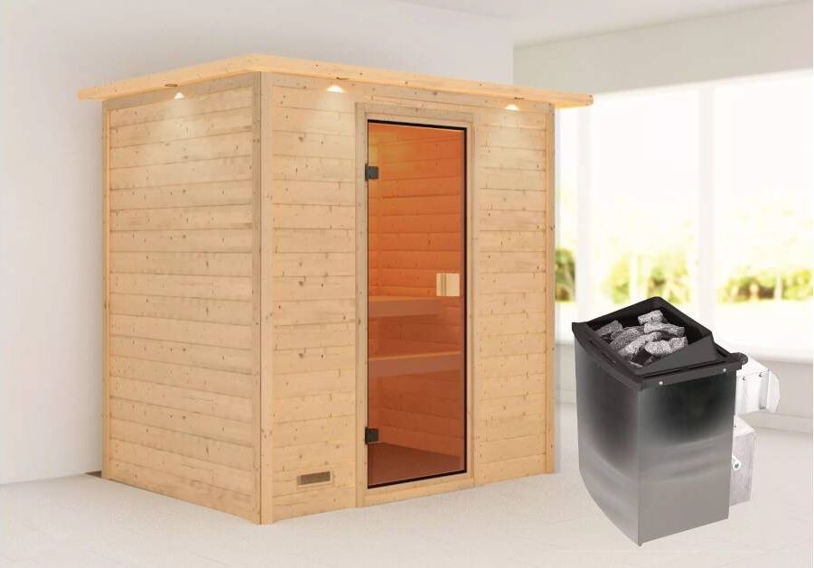 Karibu Sauna Selena mit Dachkranz + 9kW Saunaofen mit integrierter Steuerung