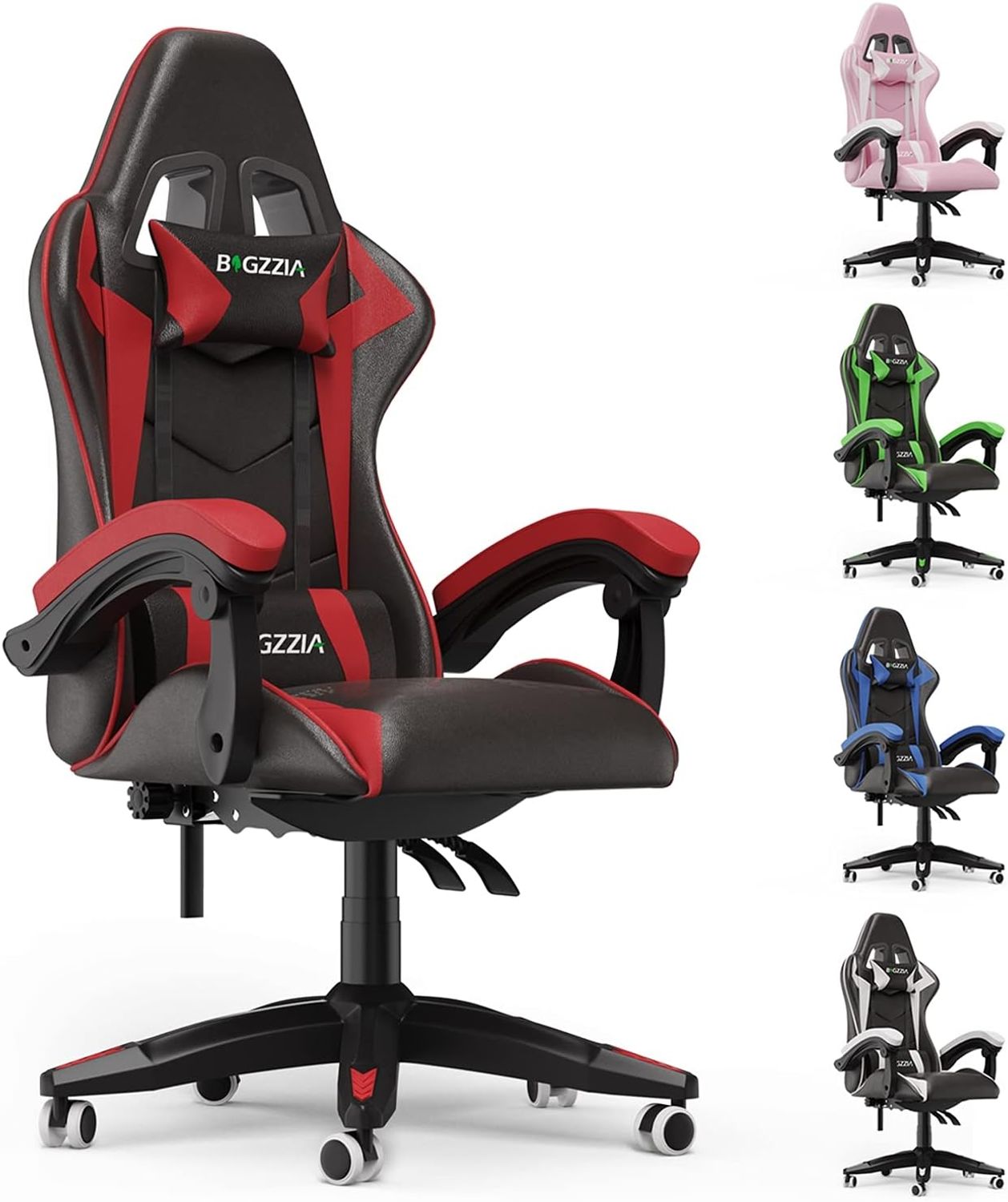 bigzzia Gaming Stuhl aus Kunstleder, Schreibtischstuhl mit Lendenkissen + Kopfstütze Gamer Computer Stuhl Drehstuhl Höhenverstellbar Ergonomisch Bürostuhl, Schwarz-Rot