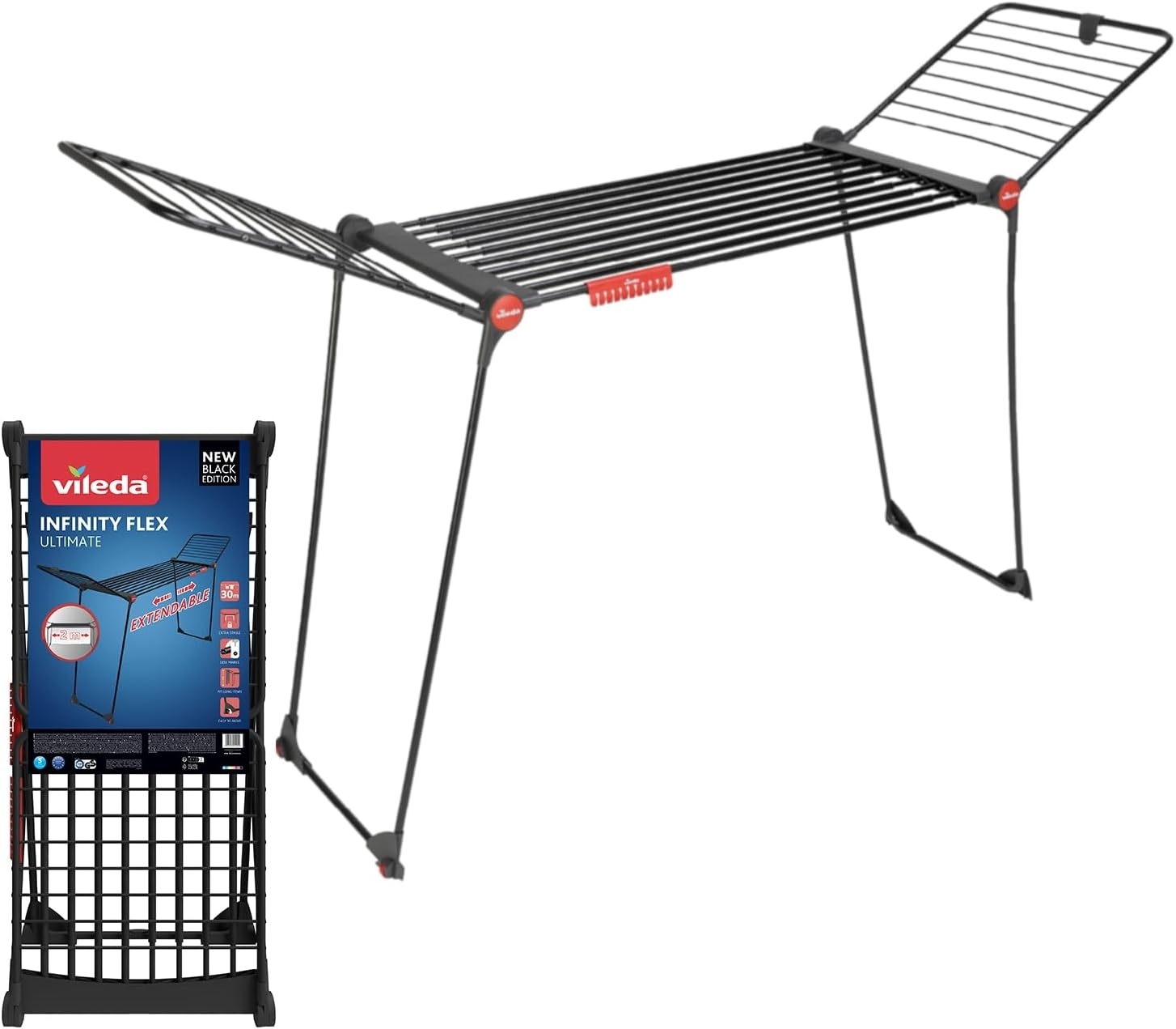 Vileda Infinity Flex Ultimate | ausziehbares Teleskopgestell | Wäscheständer für große Textilien| stabiles Gestell | weniger Abdrücke auf Kleidung Dank XXL Trockenstäbe | vormontierter Wäscheständer