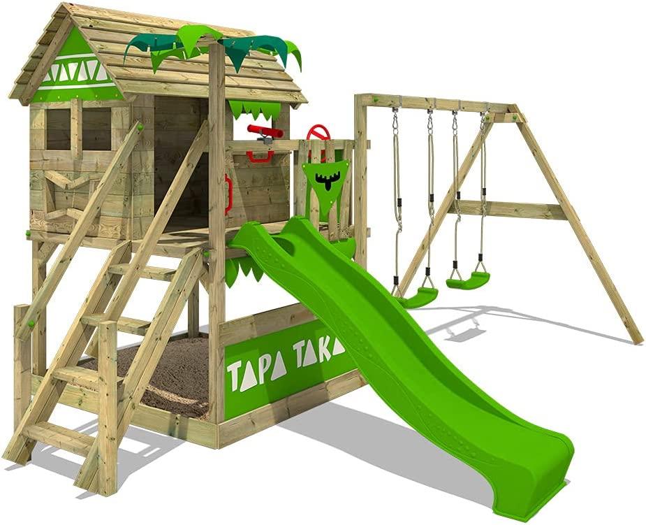 FATMOOSE Spielturm Klettergerüst TapaTaka mit Schaukel & apfelgrüner Rutsche, Stelzenhaus mit Sandkasten, Treppe & Spiel-Zubehör