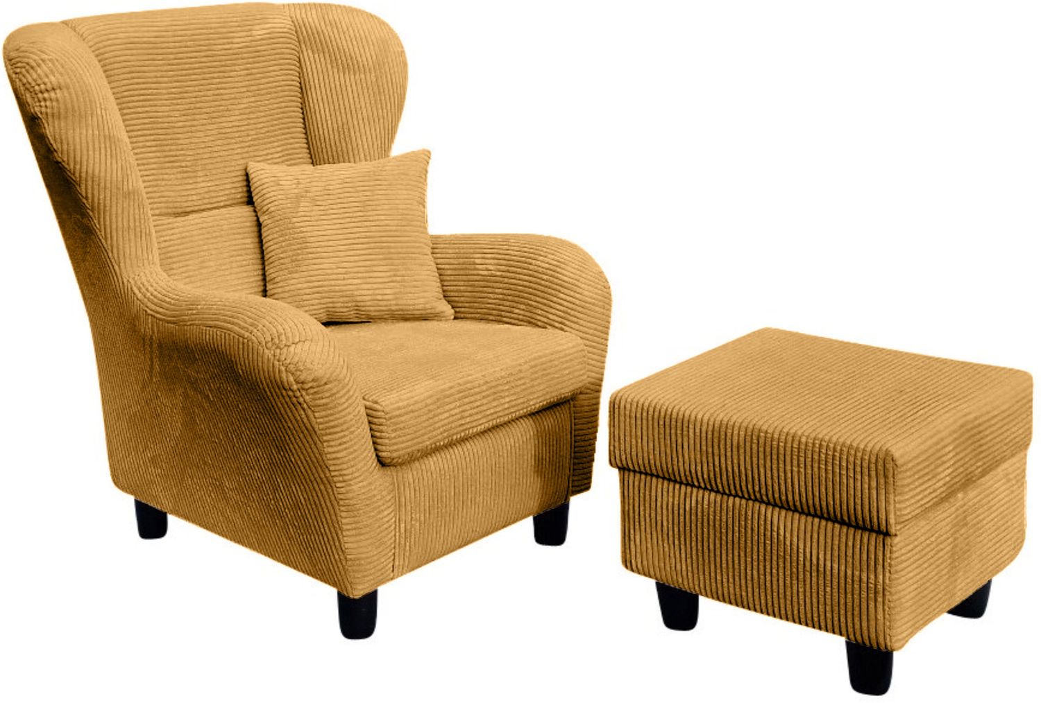 Ohrensessel mit Hocker Landhausstil Polster-TV-Lesesessel in Cord Gold Ockergelb