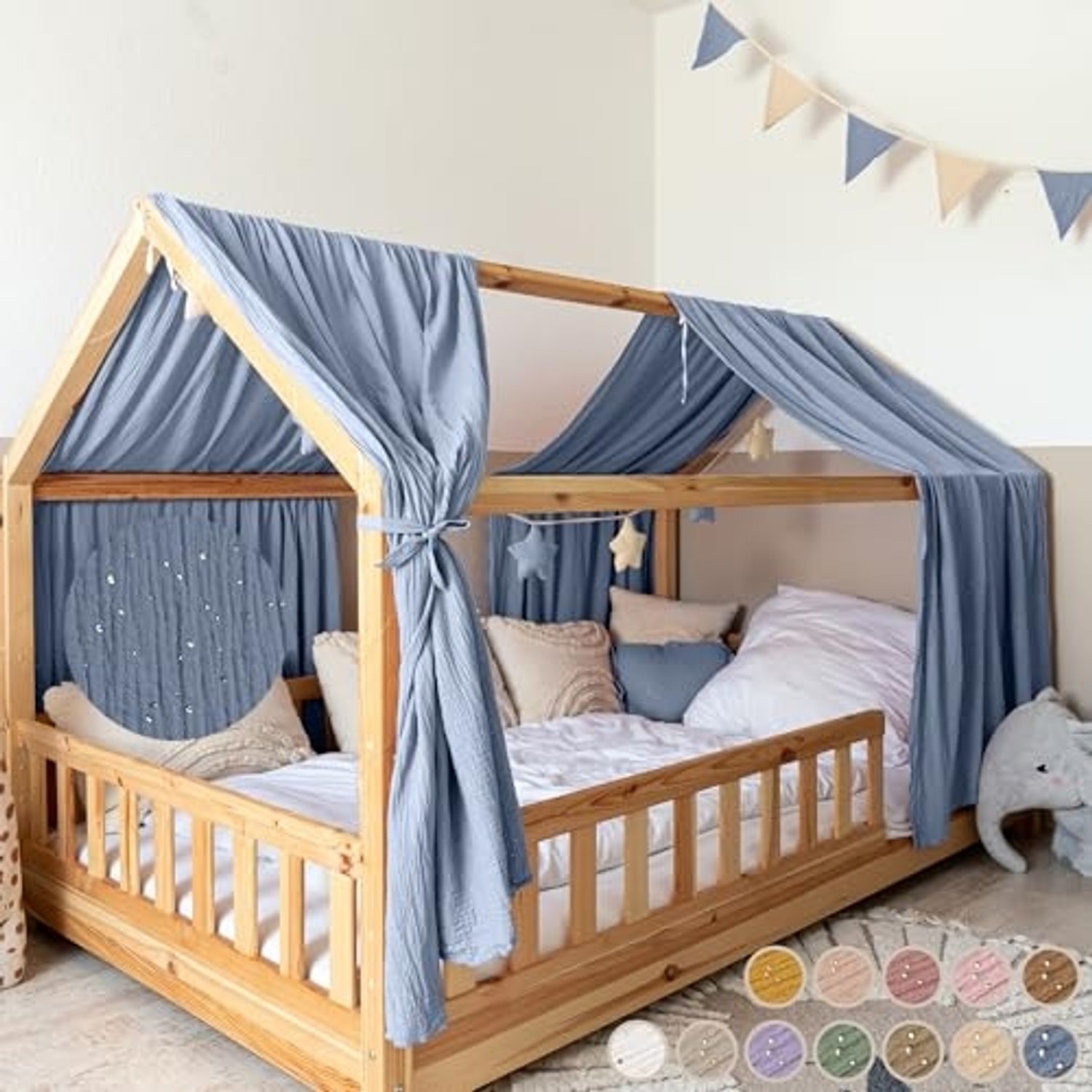 lilimaus Betthimmel Musselin Hausbett Himmel für Kinderzimmer mit Gold Applikation, Musselin Betthimmel aus Baumwolle für Kinderzimmer-Deko
