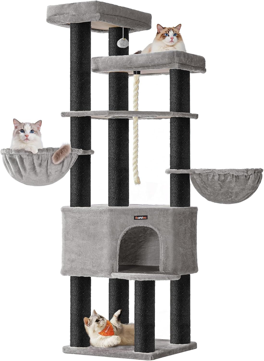 Feandrea Kratzbaum groß, mehrstöckiger Katzenbaum, XXL, 55 x 55 x 186,7 cm, 11 cm d Dicke Sisalstämme, für große Katzen wie Maine-Coon-Katze, Katzenkratzbaum, Taubengrau-tintenschwarz