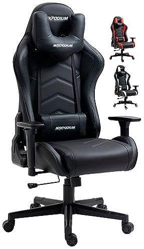 MaxPodium Tactical Gaming Stuhl | Ergonomischer Bürostuhl | Verstellbare Rückenlehne (bis zu 180 Grad), Armlehnen + Sitzneigung + Wippfunktion | Extra breiter Sitz | Höhenverstellbar | Schwarz