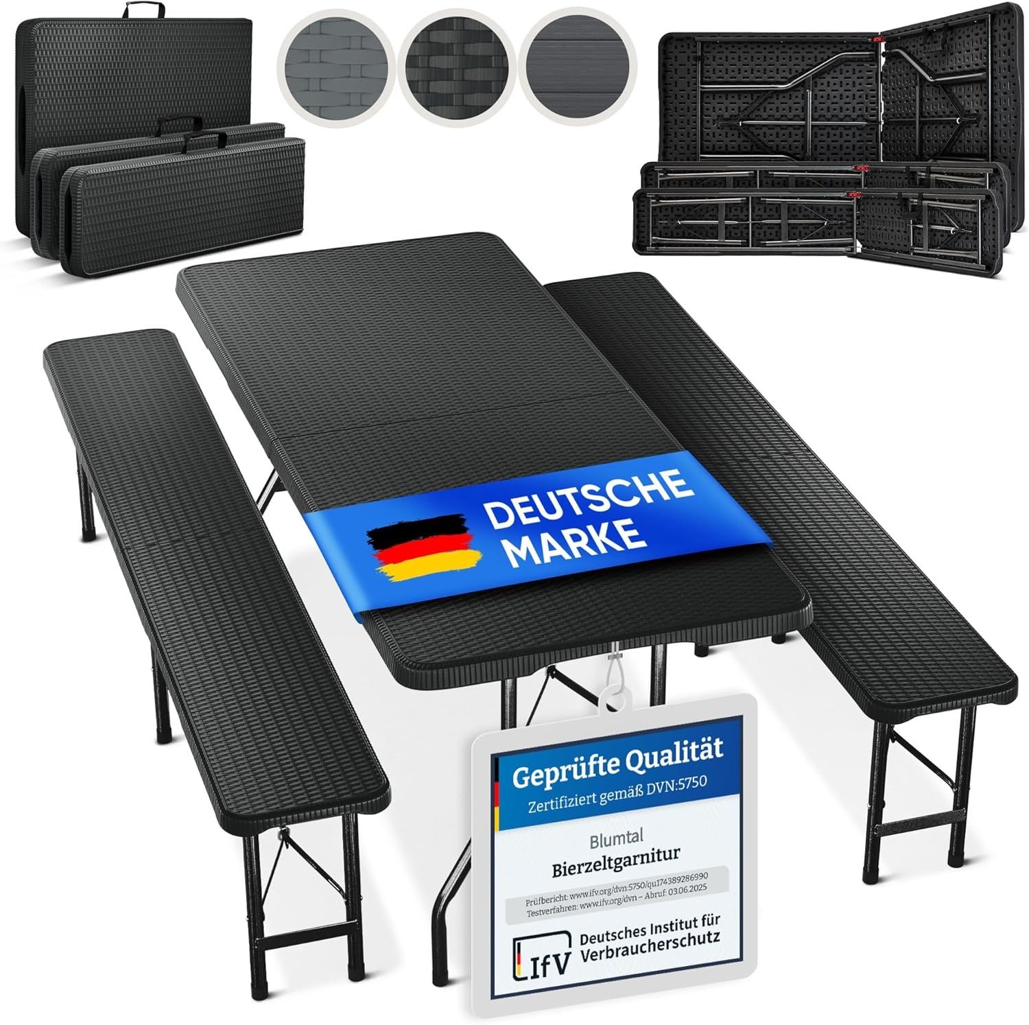 Blumtal Bierzeltgarnitur 3er Set - 2X Bierbank + 1x Biertisch - tragstarke Biertischgarnitur klappbar für 8 Personen - Bierbankgarnitur mit Tragegriff - Biergartengarnitur in Rattan-Optik Schwarz
